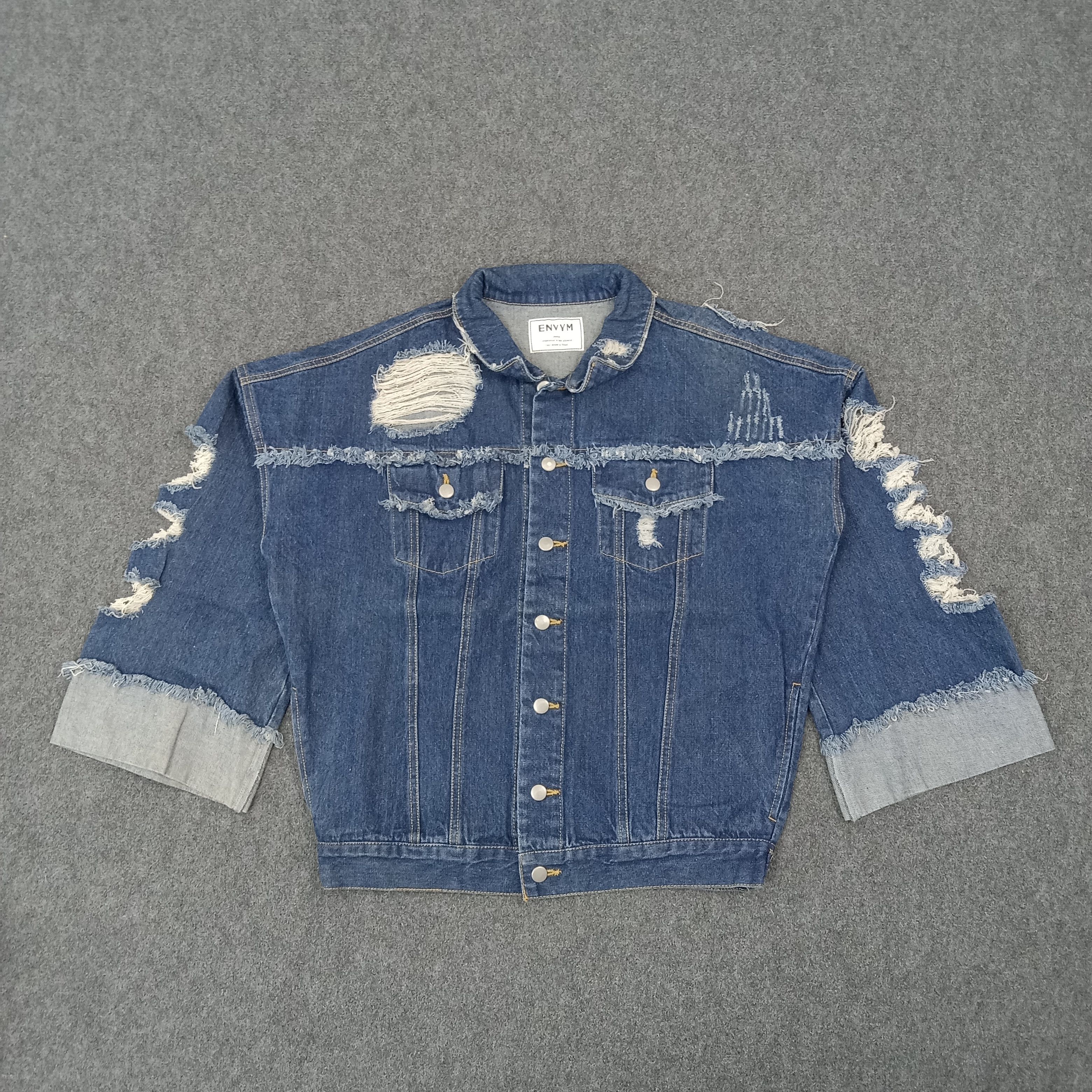 For All To Envy ENVYM Designer Sleeve Raw Hem Ripped Denim Jacket C266N20 Size US L / EU 52-54 / 3 - 1 Thumbnail