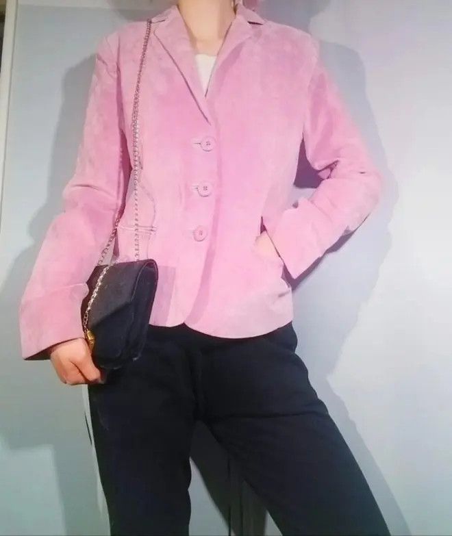 image of 100% Real Leather Blazer Pink Luxury Unique 80's 90's Vintage, Women's (Size Large)