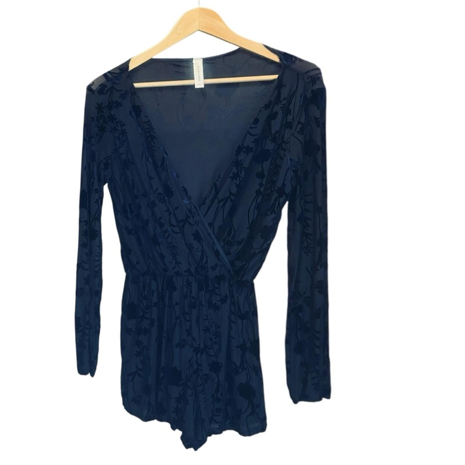 Designer Peppermint. Navy Blue Velvet Burnout Romper. Size Small. Size 28" / US 6 / IT 42 - 1 Thumbnail