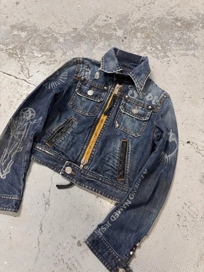 Designer × Dsquared2 × Vintage FW2005 Dsquared2 Jesus Lord Peace Cropped Denim Jacket Size XS / US 0-2 / IT 36-38 - 4 Thumbnail