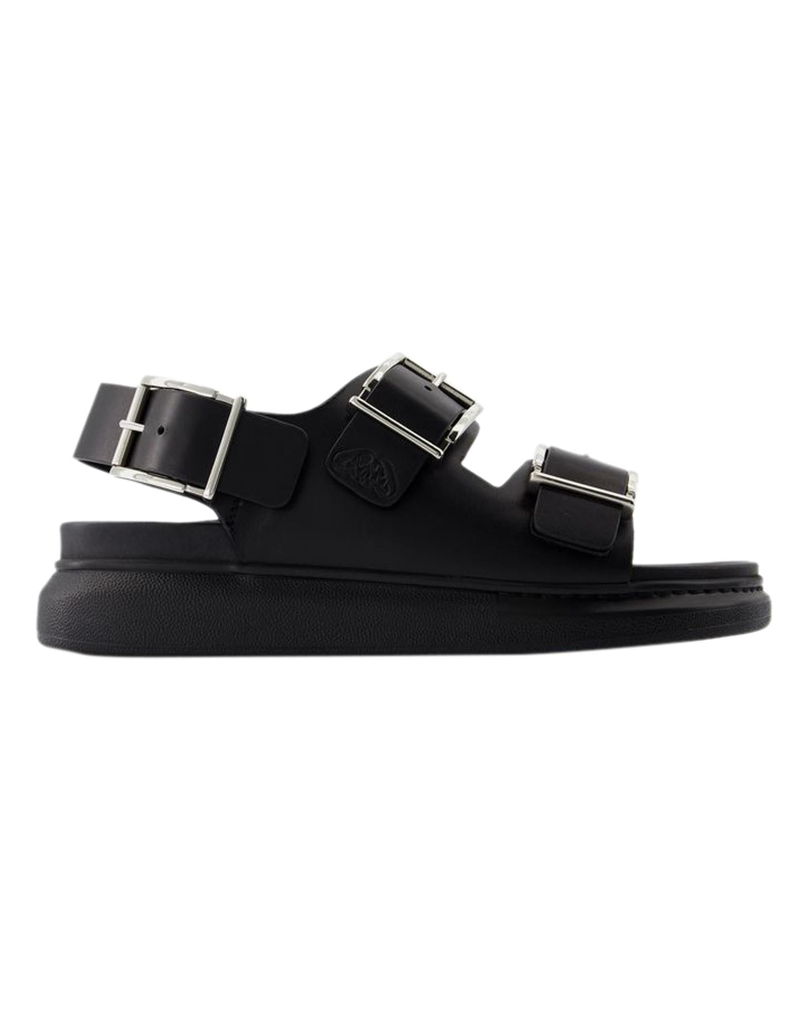 image of Alexander Mcqueen Calfskin Seal Sandals With Ankle Strap And Buckle Closure in Black (Size 10)