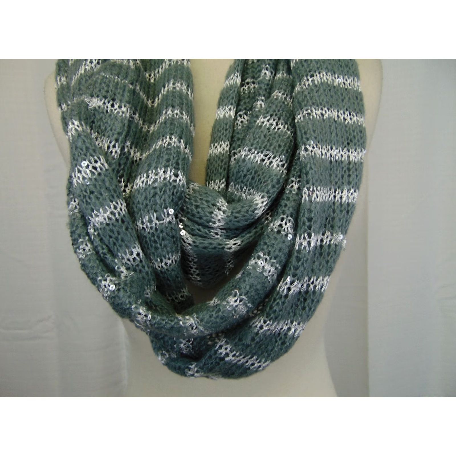 Vintage Bindya New York Scarf Infinity Knit Gray Sequin Striped 38" 9" Women Winter Fall Handmade No Size ONE SIZE - 2 Thumbnail
