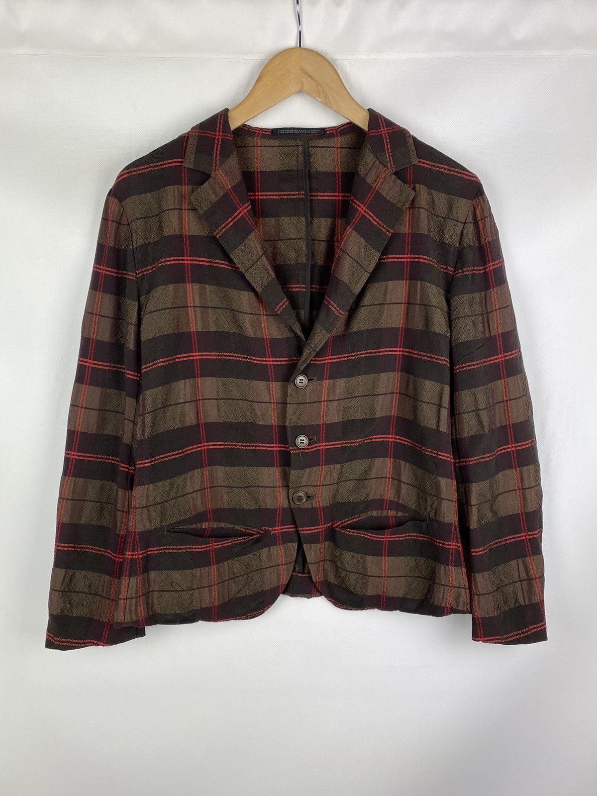 image of Y’S Yohji Yamamoto Checked Japanese Blazer Jacket in Brown, Women's (Size Large)