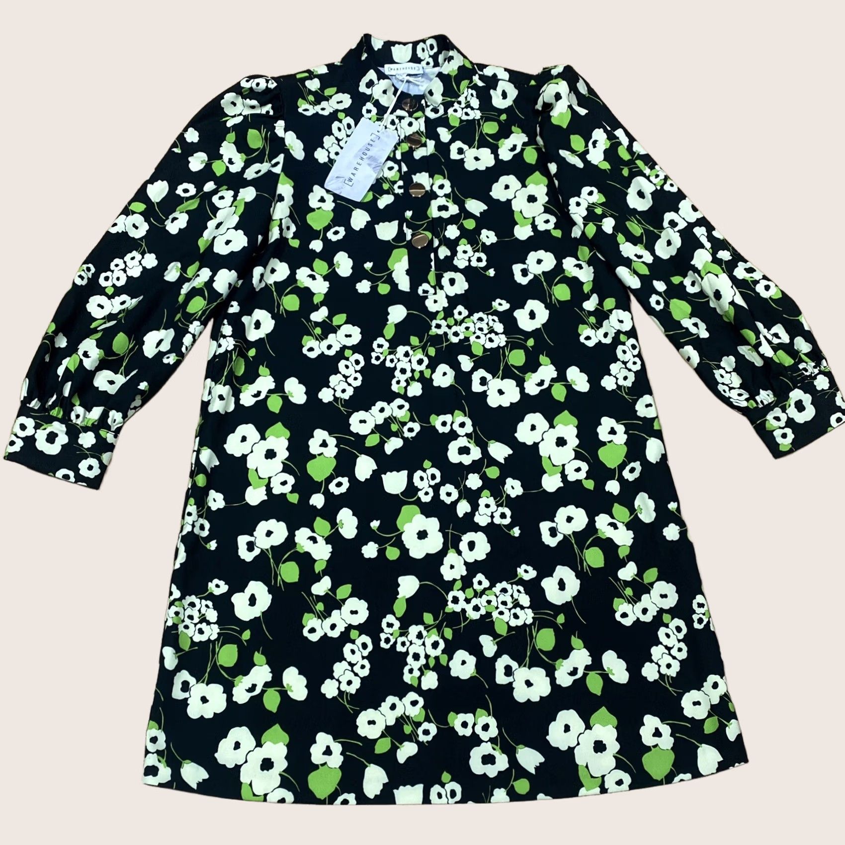 Warehouse Warehouse Shift Dress Multi Floral 3/4 Sleeve Button Crew Neck Above Knee New With Tags UK 10 Women Regular Polyester Size L / US 10 / IT 46 - 1 Thumbnail