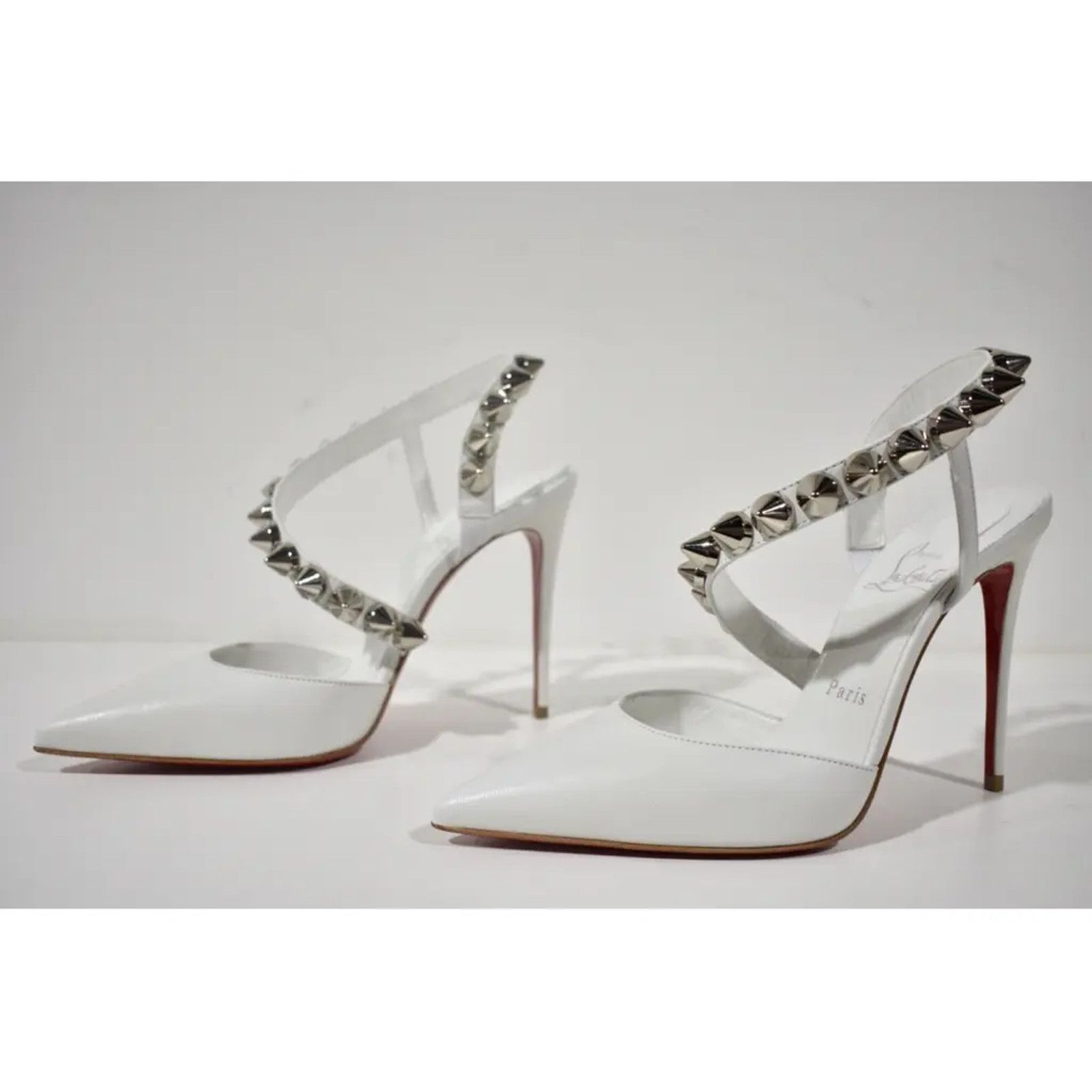 Christian Louboutin Spikita Pump 100 Bianco White Spike Strappy Sandal Heel 40 Size US 10 / IT 40 - 7 Thumbnail