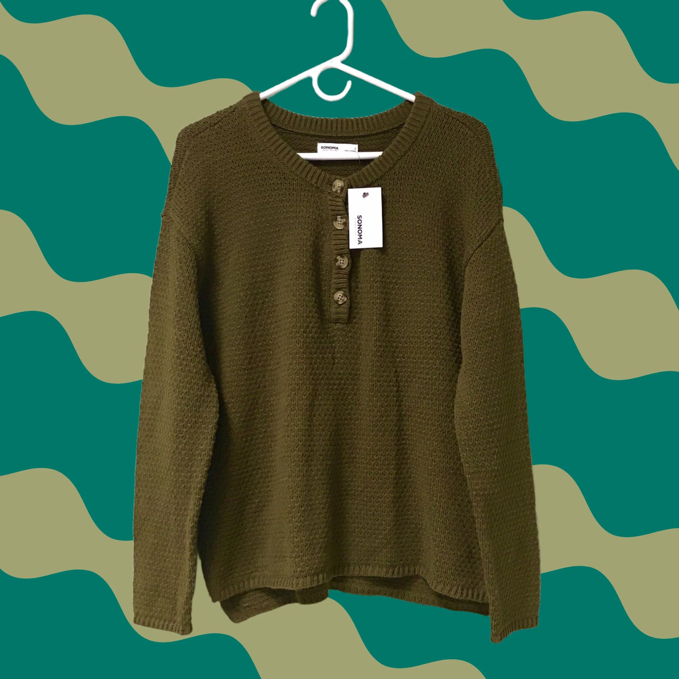 Olive Sonoma Women Olive Green Oversized Textured Knit Long Sleeve Henley Sweater S Size S / US 4 / IT 40 - 1 Thumbnail