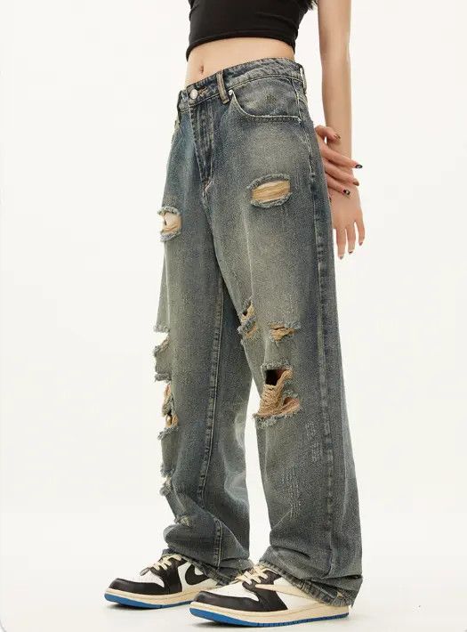 Japanese Brand dou Street men's hiphop straight street ripped beggar jeans Size US 32 / EU 48 - 5 Thumbnail