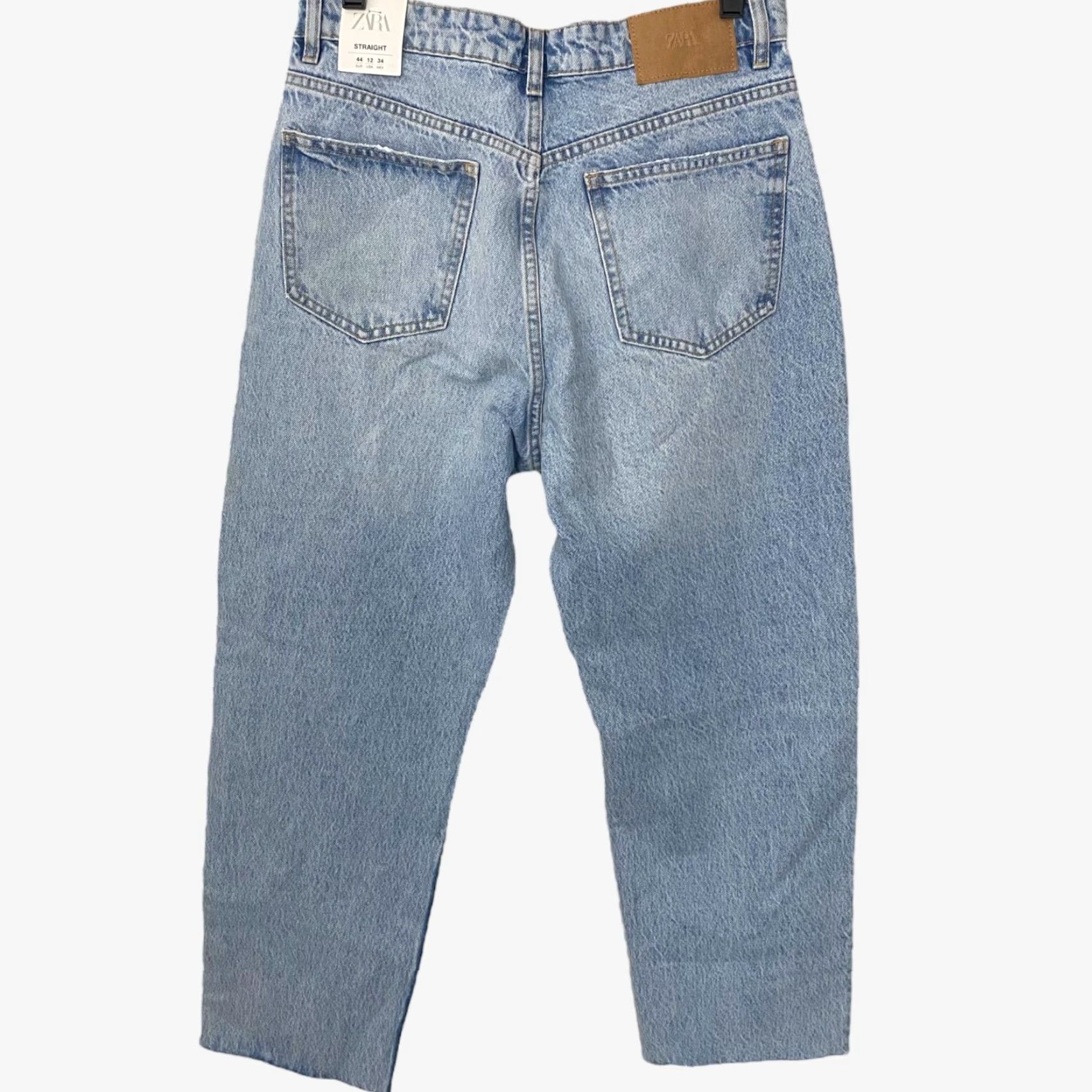 Zara ZARA High-Waisted Denim Jeans Blue Womens Size 12 Straight-Leg Raw-Hem New Size 34" / US 12 / IT 48 - 4 Thumbnail