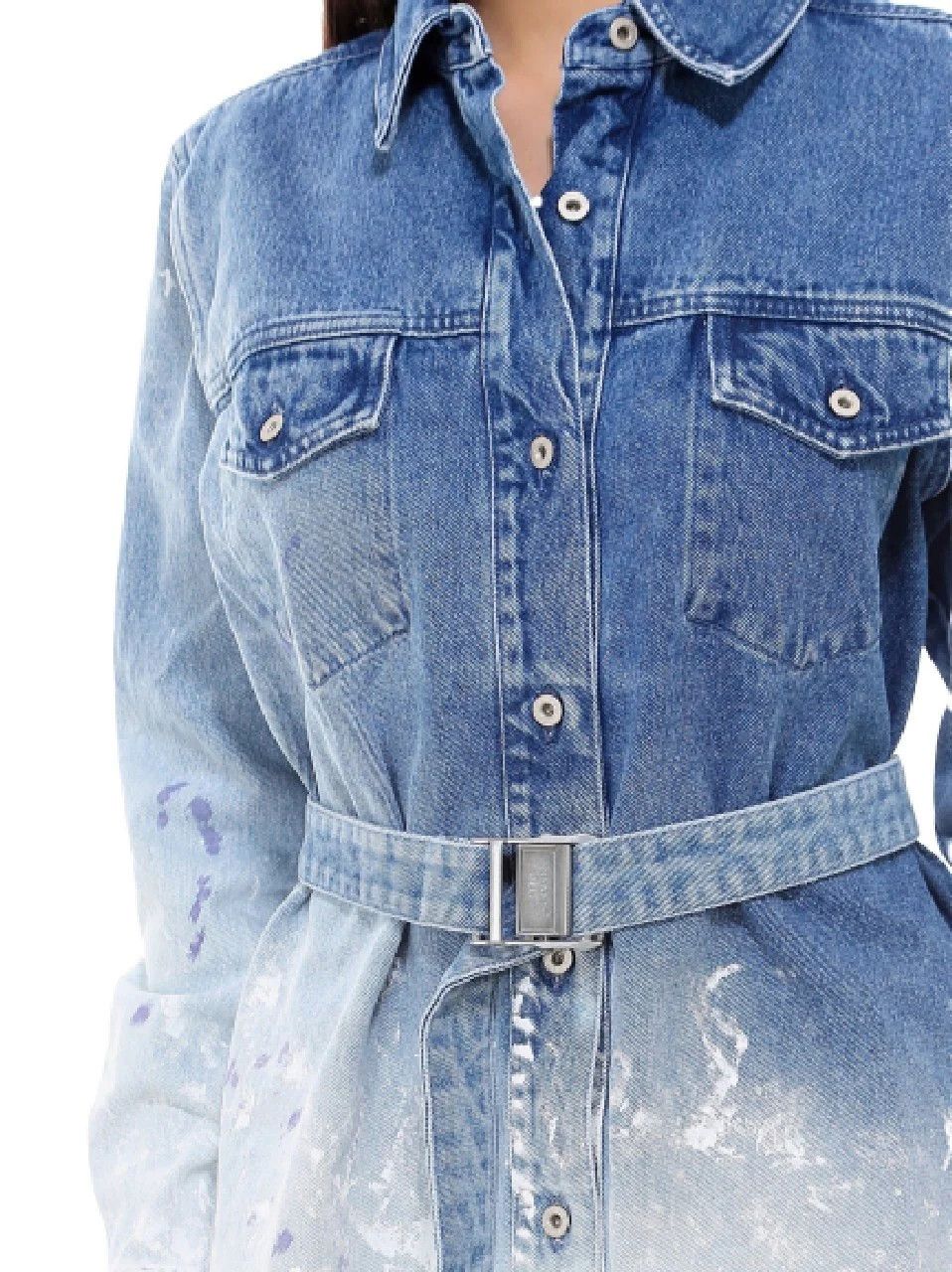 Off-White o1gr1nt0425 Bleach Painted Belted Denim Dress in Blue/White Size XS / US 0-2 / IT 36-38 - 4 Thumbnail