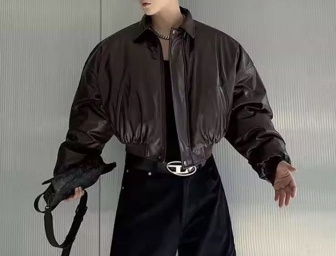 Japanese Brand CROPPED Vegan Leather Bomber Jacket - Boxy Streetwear Puffer Size US M / EU 48-50 / 2 - 2 Thumbnail
