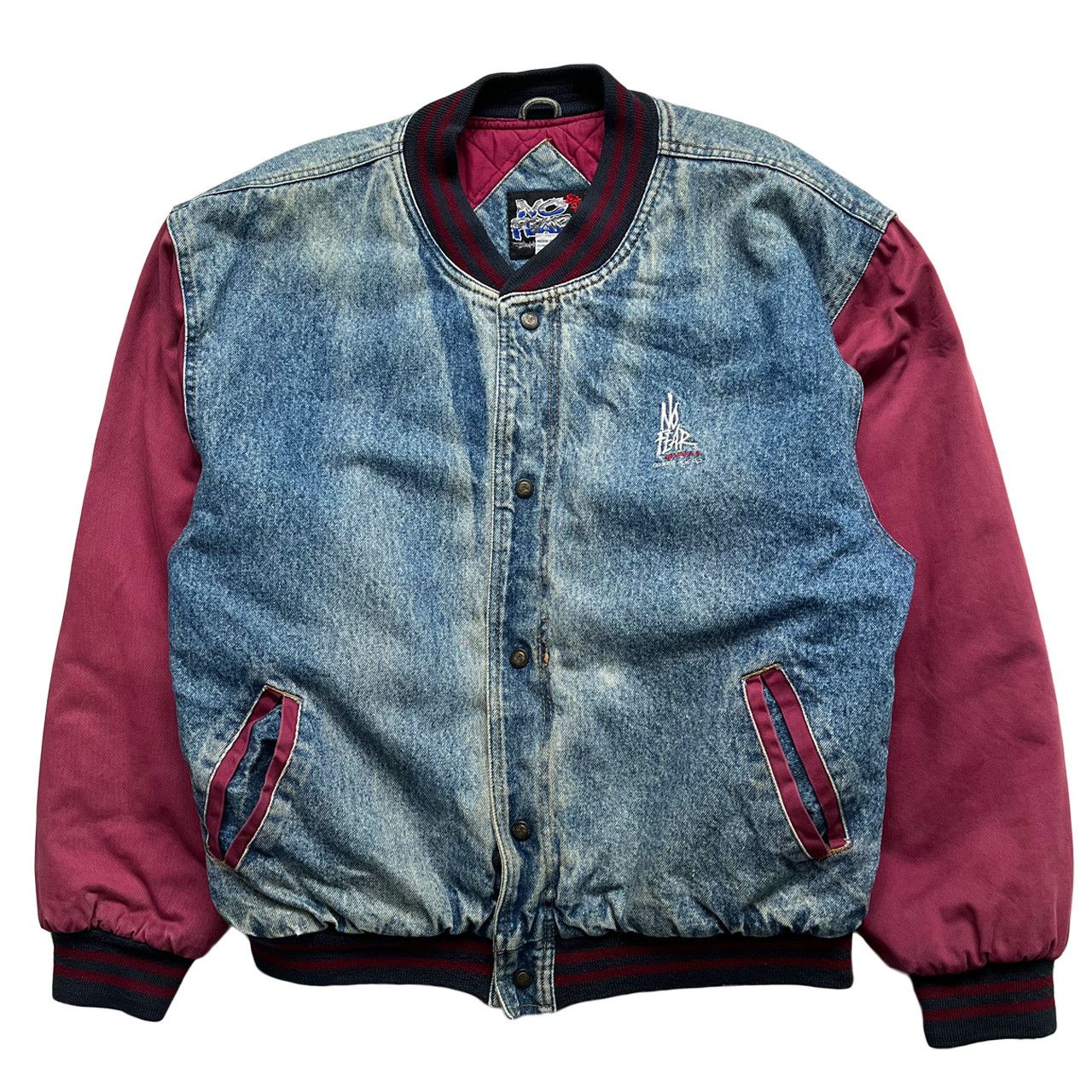 Vintage VTG 90s NO FEAR DENIM JEAN BOMBER JACKET VARSITY QUILT | Grailed