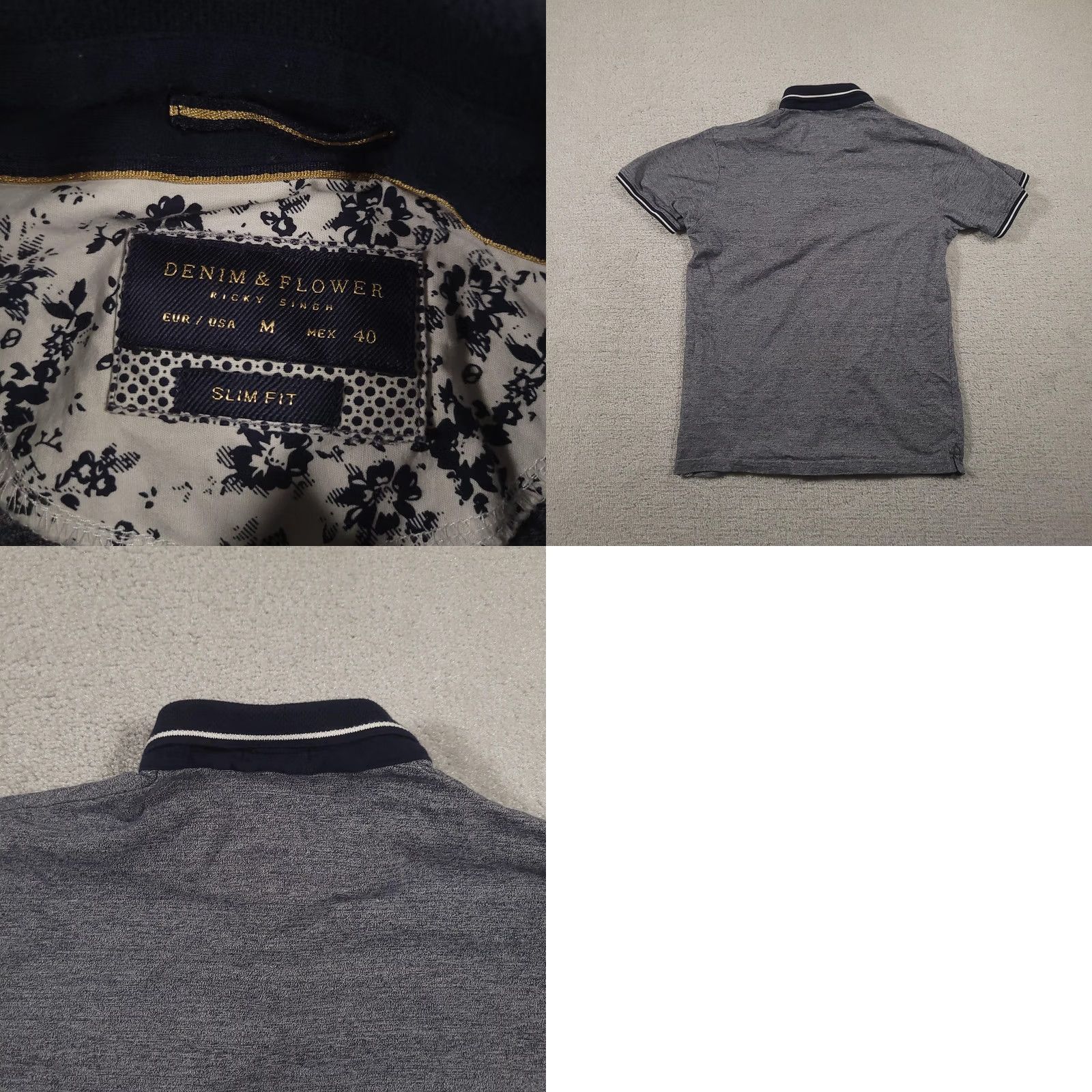 Vintage Denim & Flower Polo Shirt Mens M Gray Blue Slim Fit Short Sleeve Pocket Size US M / EU 48-50 / 2 - 8 Thumbnail