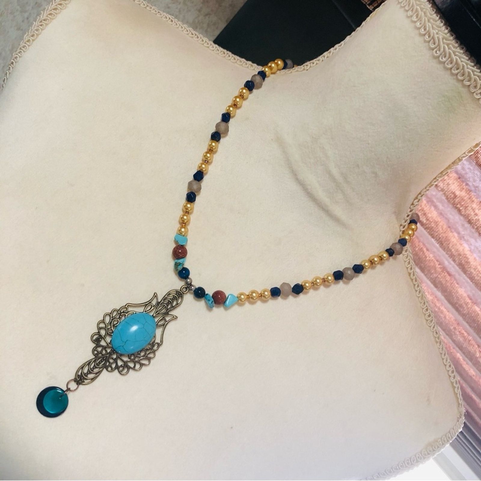 Handmade Handcrafted howlite filigree pendant beaded necklace Size ONE SIZE - 1 Thumbnail
