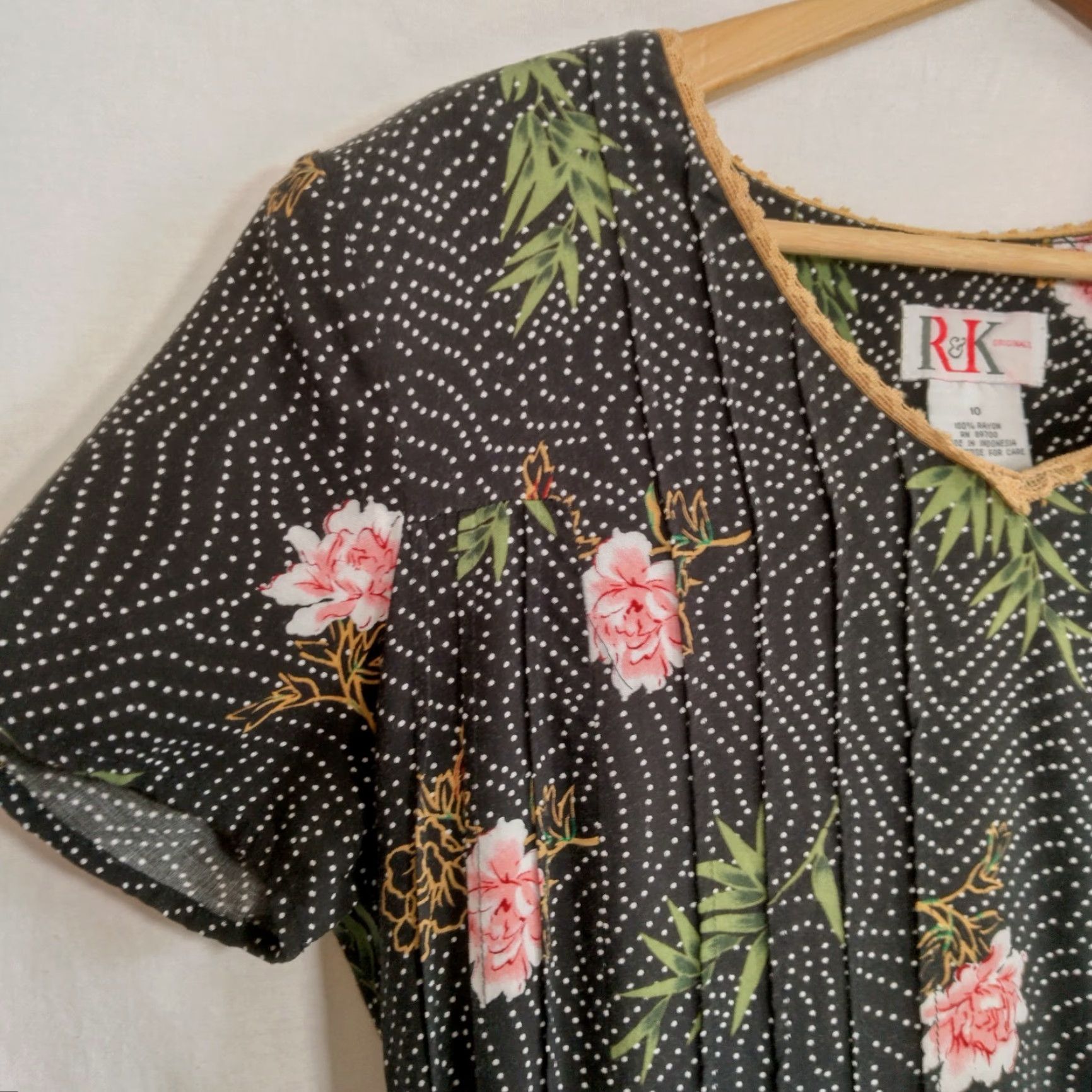 Vintage VINTAGE 1990s R&K Originals Maxi Dress Black Polka Dot Pink Floral Rayon Long Size L / US 10 / IT 46 - 7 Thumbnail
