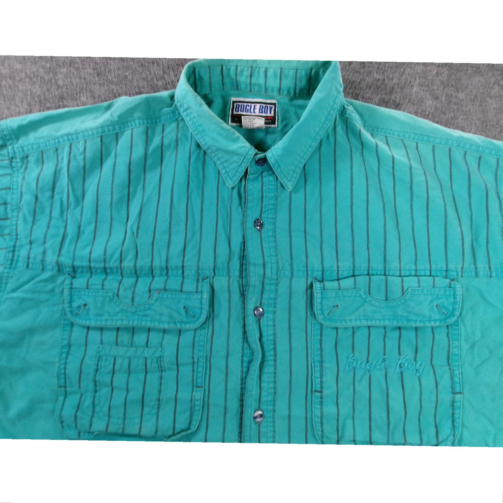Bugle Boy VINTAGE Bugle Boy Shirt Adult XL Teal Striped Button-Up Cotton Short Sleeve Pockets 90s Mens Size US XL / EU 56 / 4 - 2 Thumbnail
