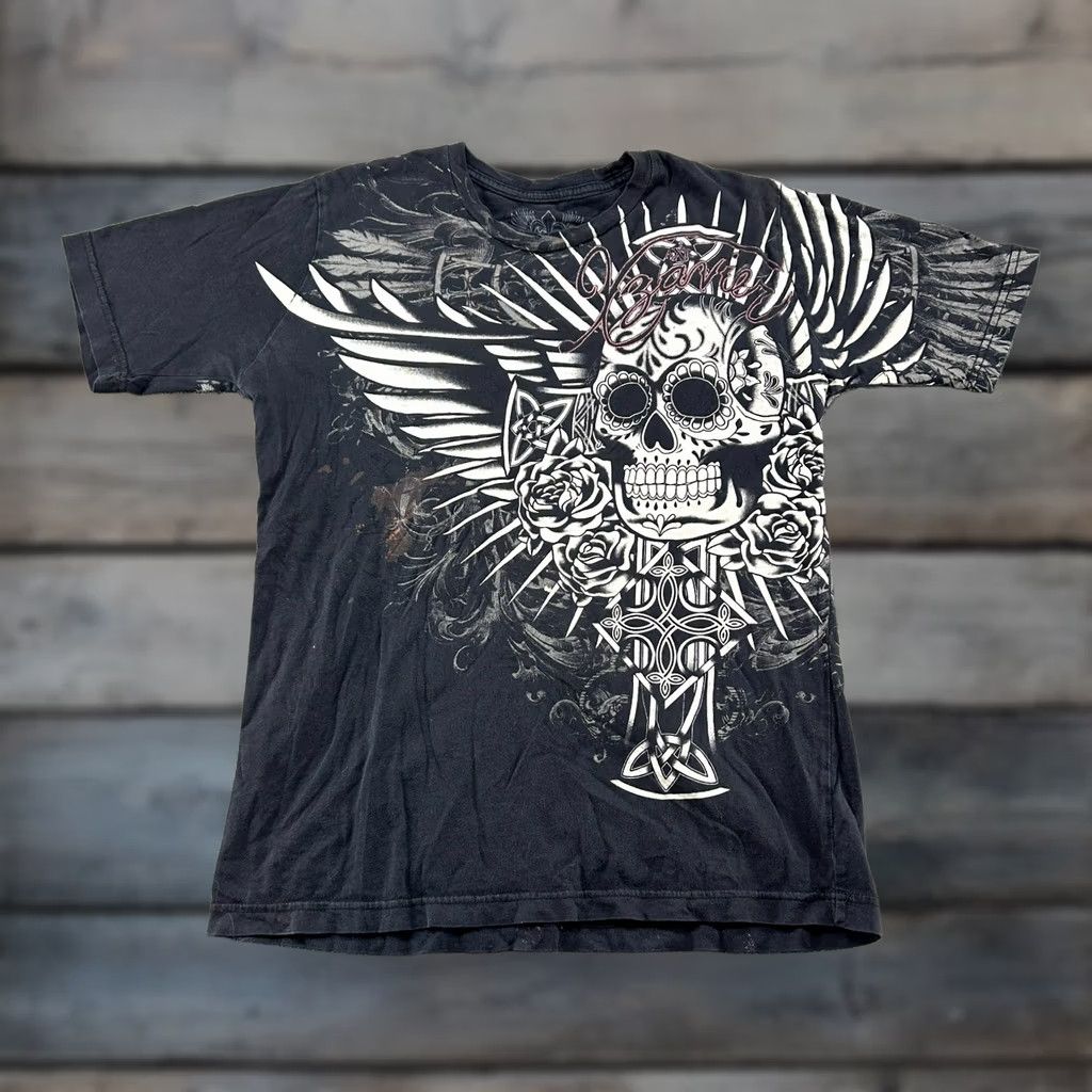 Affliction × Streetwear × Vintage RARE Xzavier Skull Wing Grunge