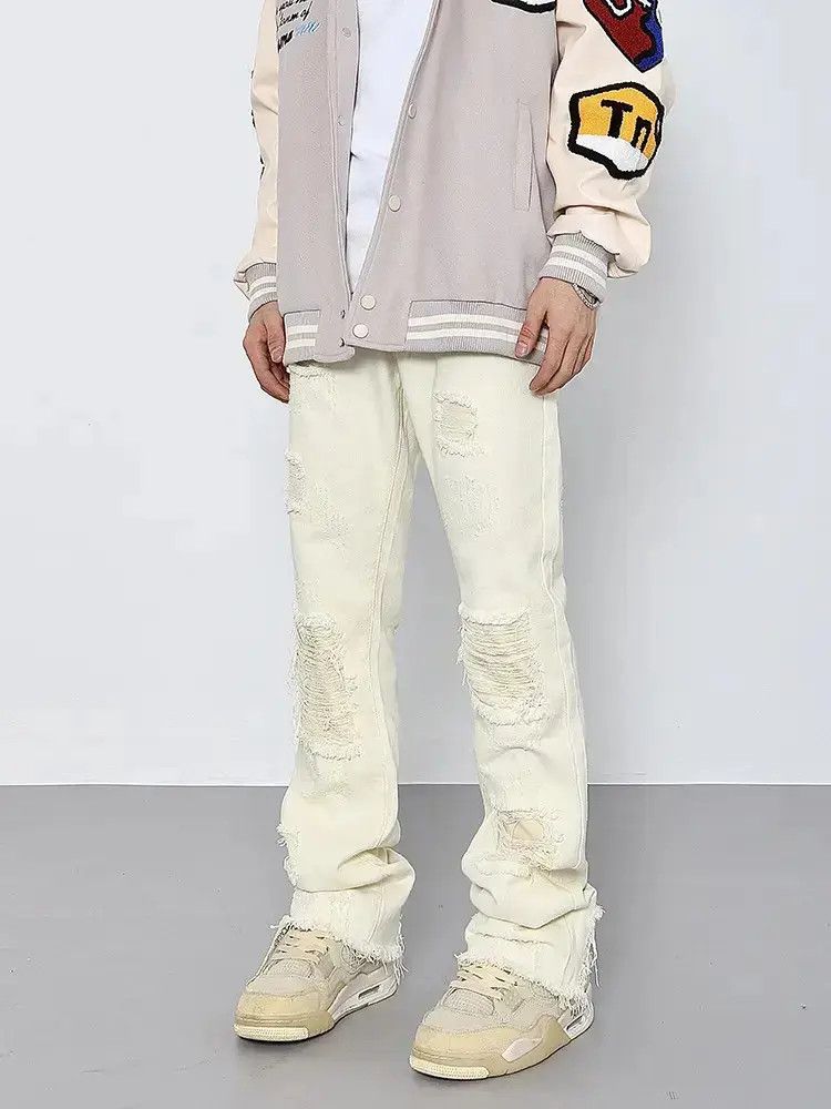 Straight cut rough edge distressed jeans