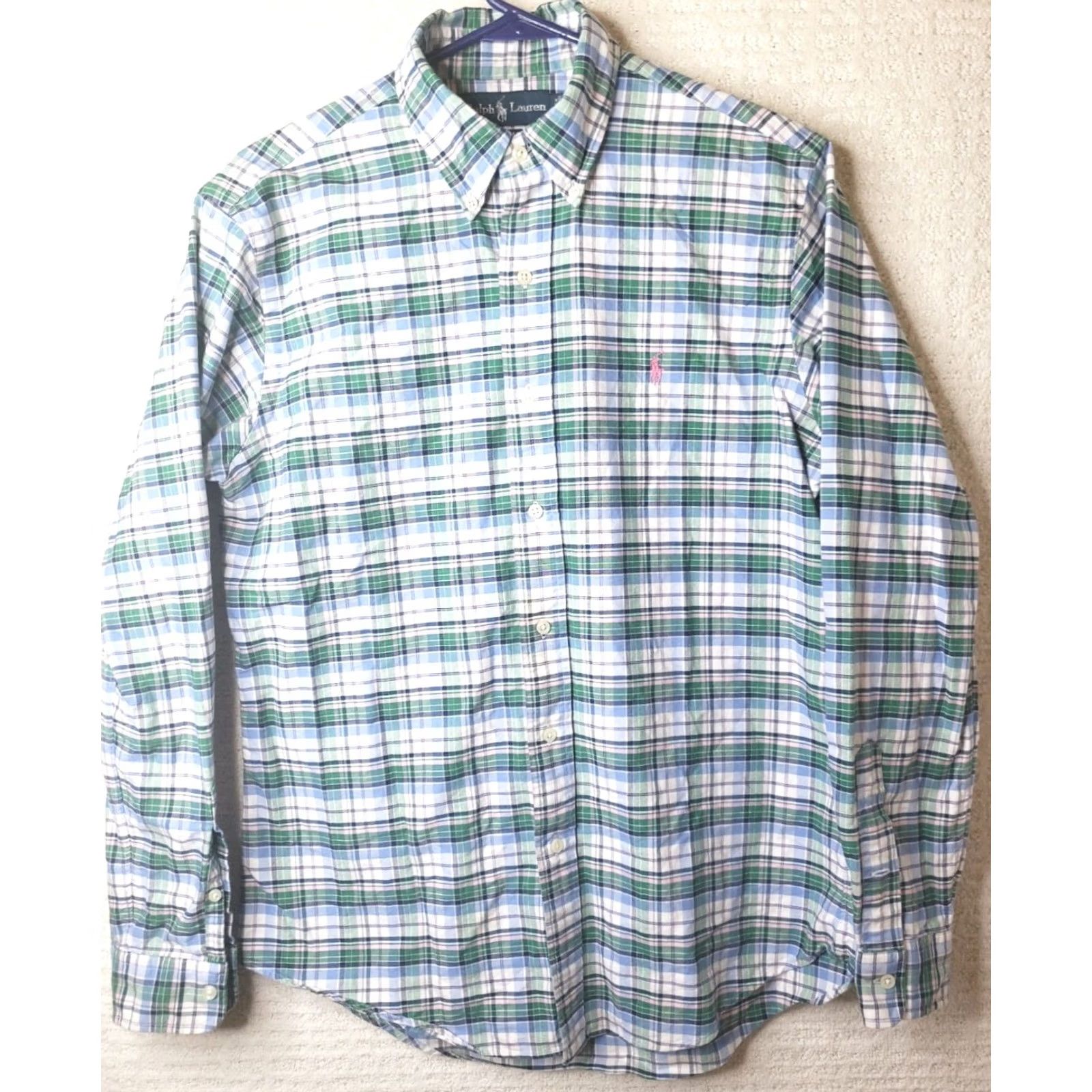 Polo Ralph Lauren Polo Ralph Lauren Men's L/S Dress Shirt Size Medium Classic Fit Plaid Green Pink Shark? Size 40R - 2 Thumbnail