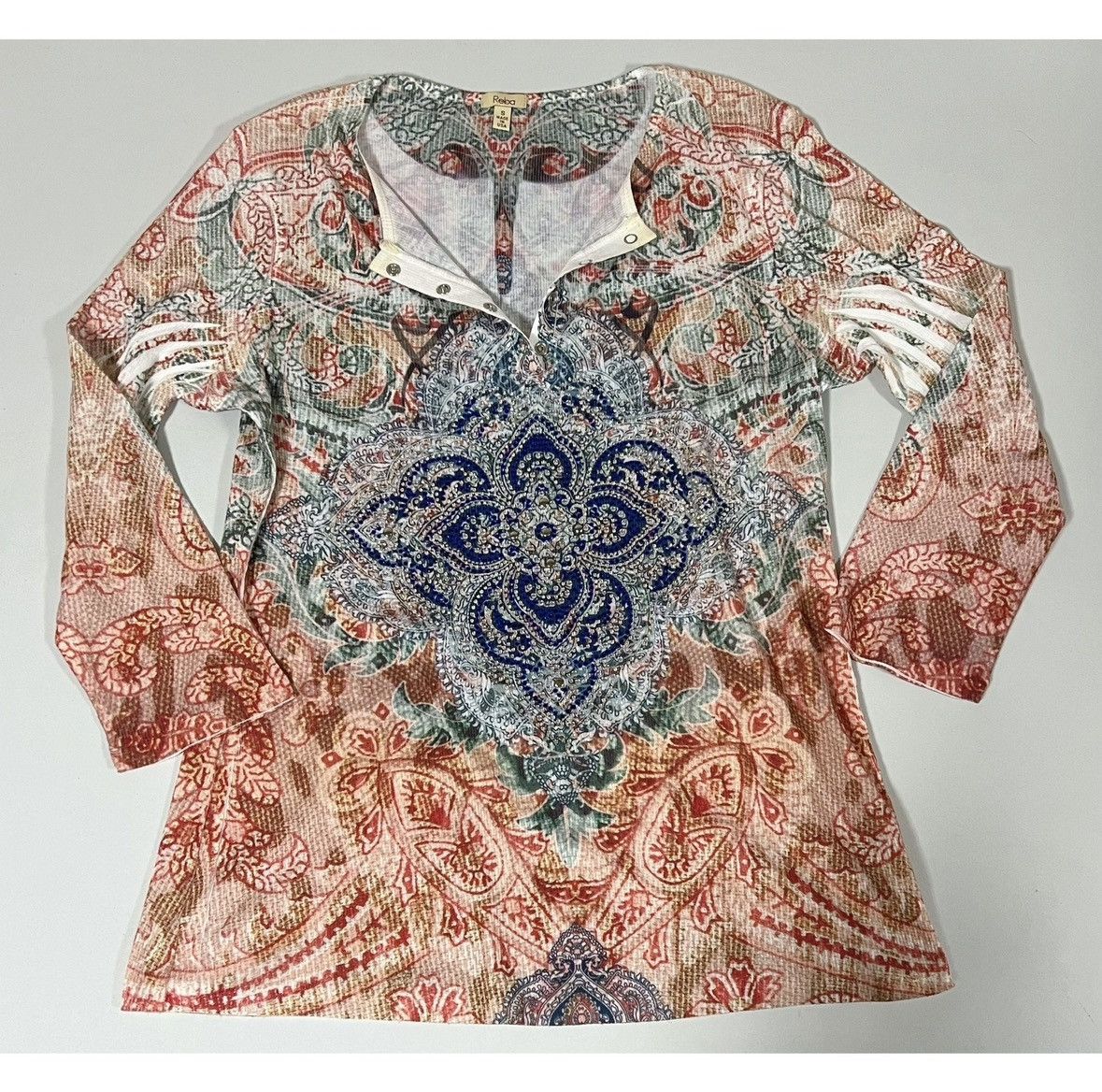 Dillard's Reba Orange Boho Bohemian Henley Shirt Top Blouse Size S 🧡💙✨ Size S / US 4 / IT 40 - 1 Thumbnail