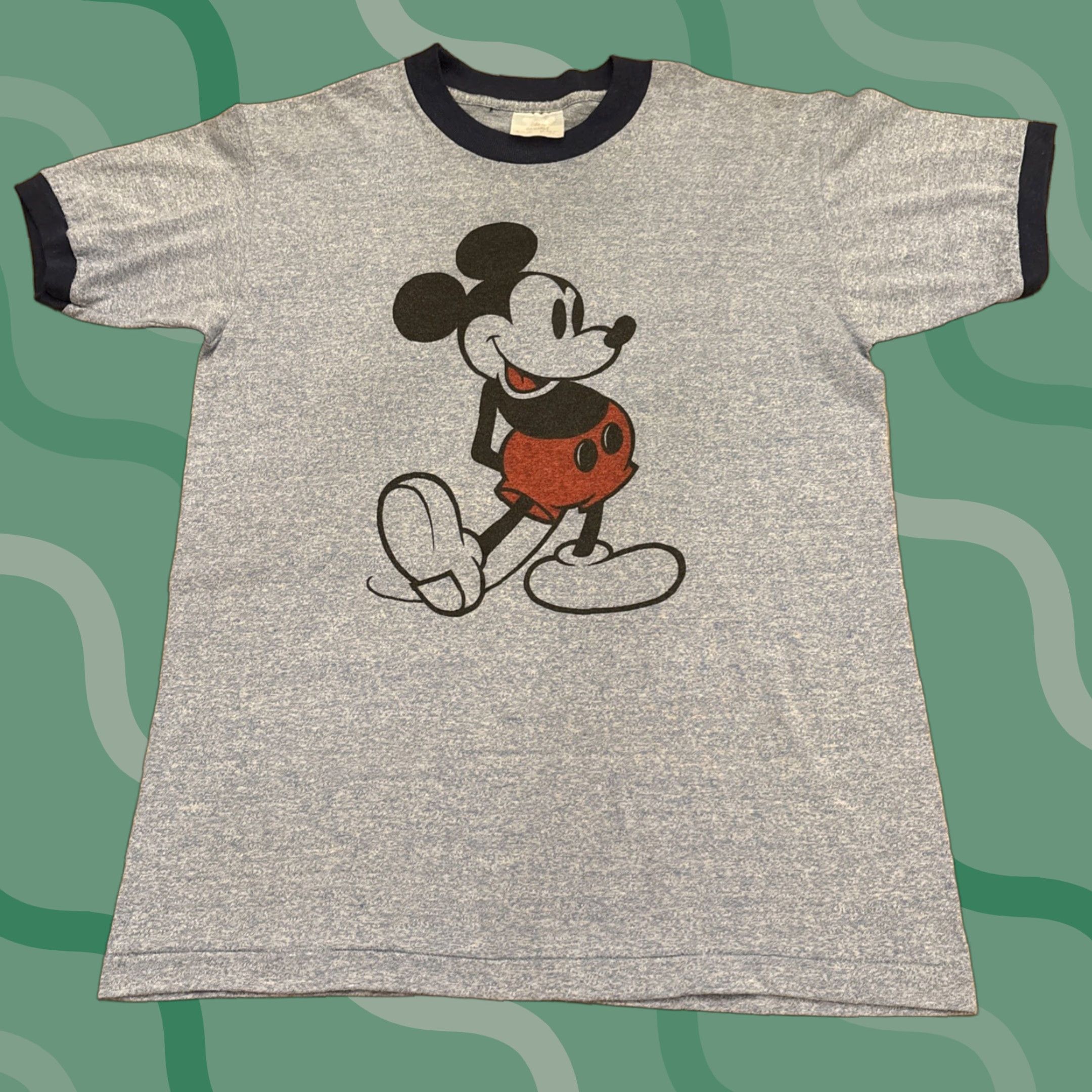 VINTAGE 80s Disney Mickey Mouse Graphic Print Ringer T-Shirt Medium Blue Mens
