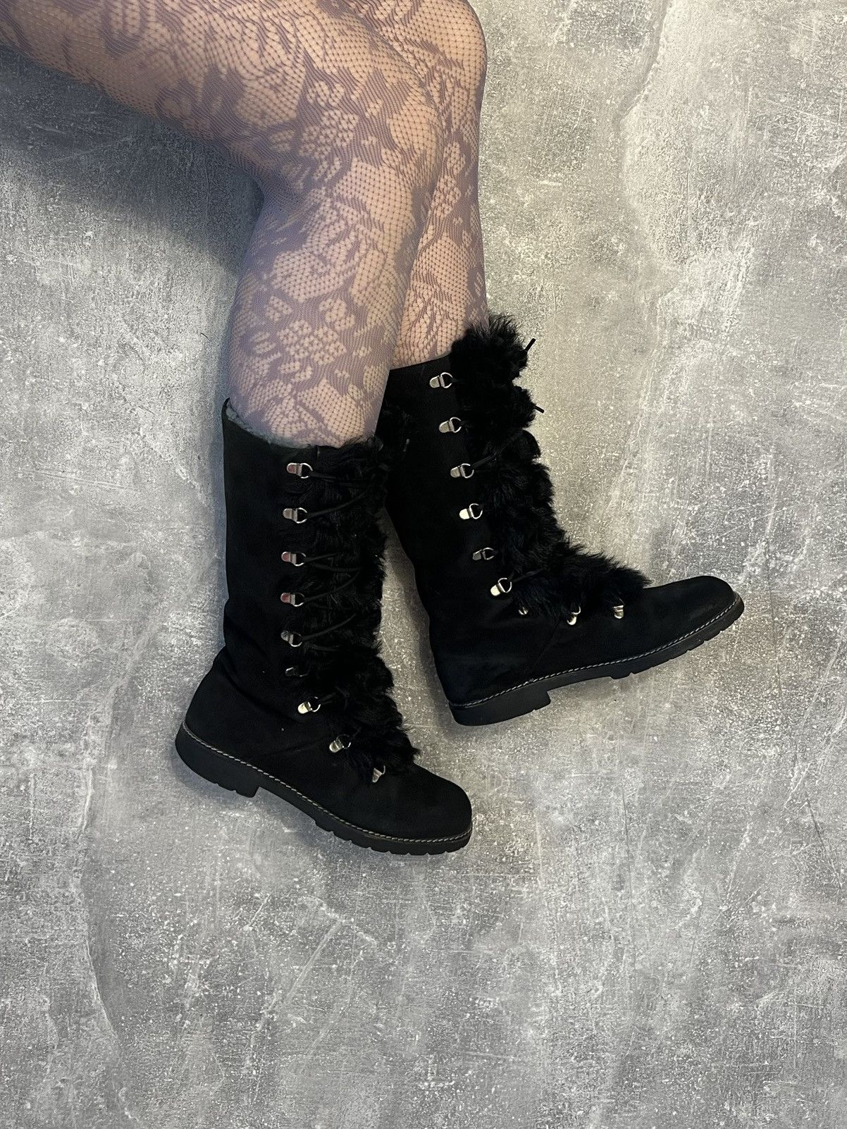 Y2K Kandahar Suede Fur Boots Black Lace-Up