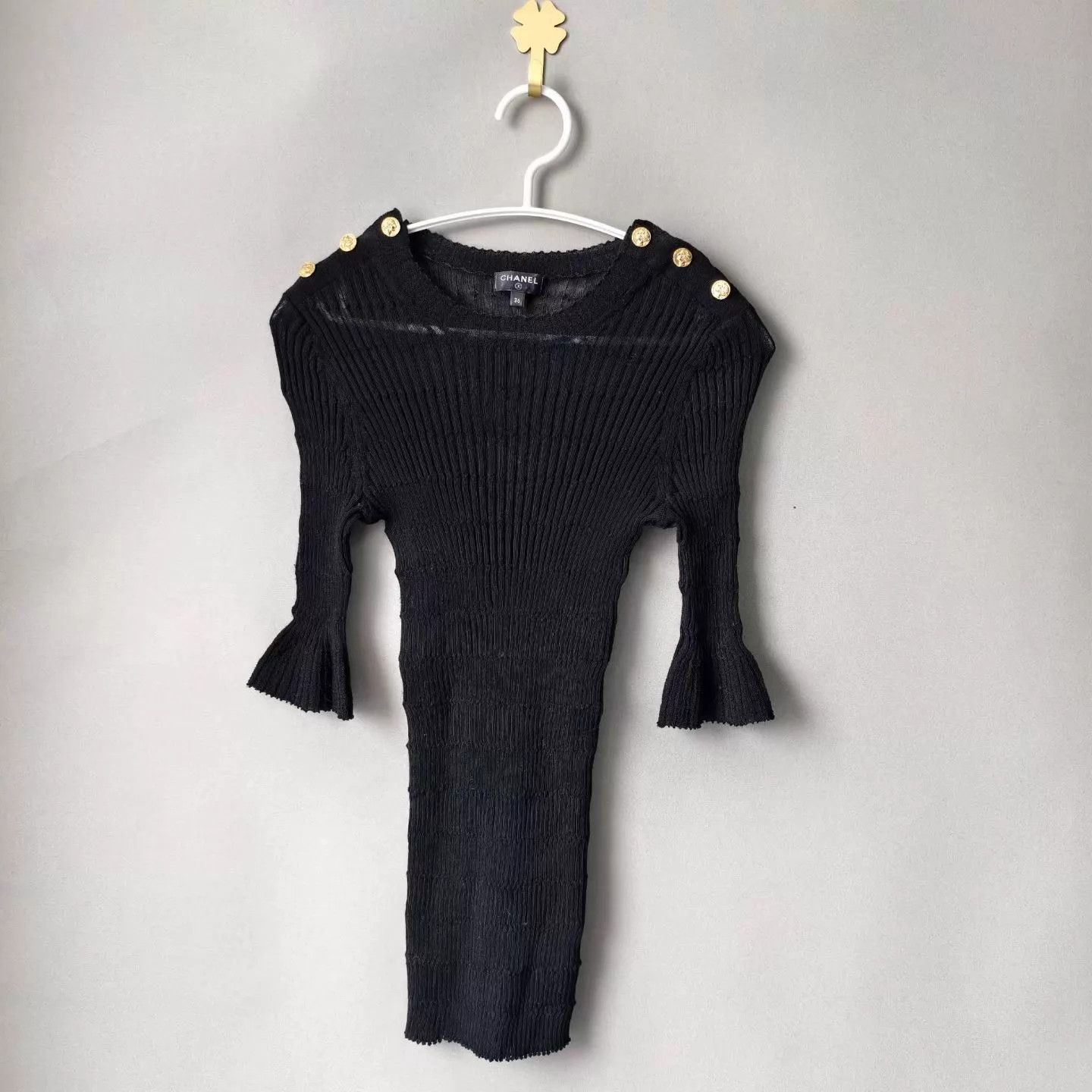Chanel Chanel Black Wool Knit Short-Sleeve Top w/ Gold Coin Buttons Size XS / US 0-2 / IT 36-38 - 1 Thumbnail