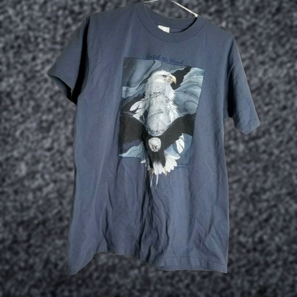 Anvil VINTAGE Anvil Bald Eagle T Shirt Single Stitch Shirt Mens L Blue 1990s USA Catch The Wind Size US L / EU 52-54 / 3 - 1 Thumbnail