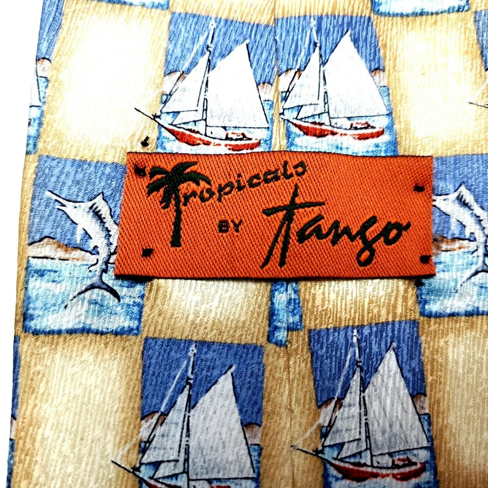 Vintage Tango Silk Tie Print Yellow Blue Wide Sailboat Fish Novelty Size ONE SIZE - 3 Thumbnail