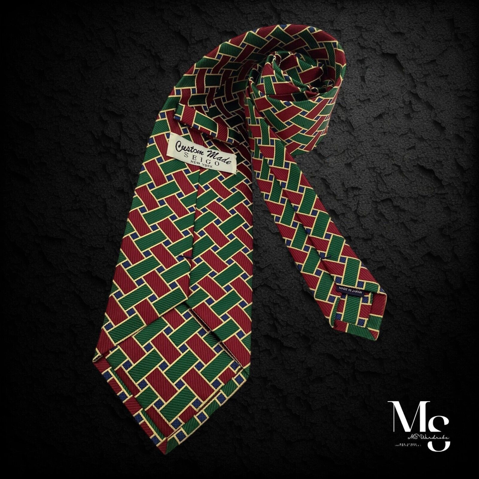 Other SEIGO NEW YORK Green Red Geometric Silk Tie Hand Made In Jap Size ONE SIZE - 2 Thumbnail