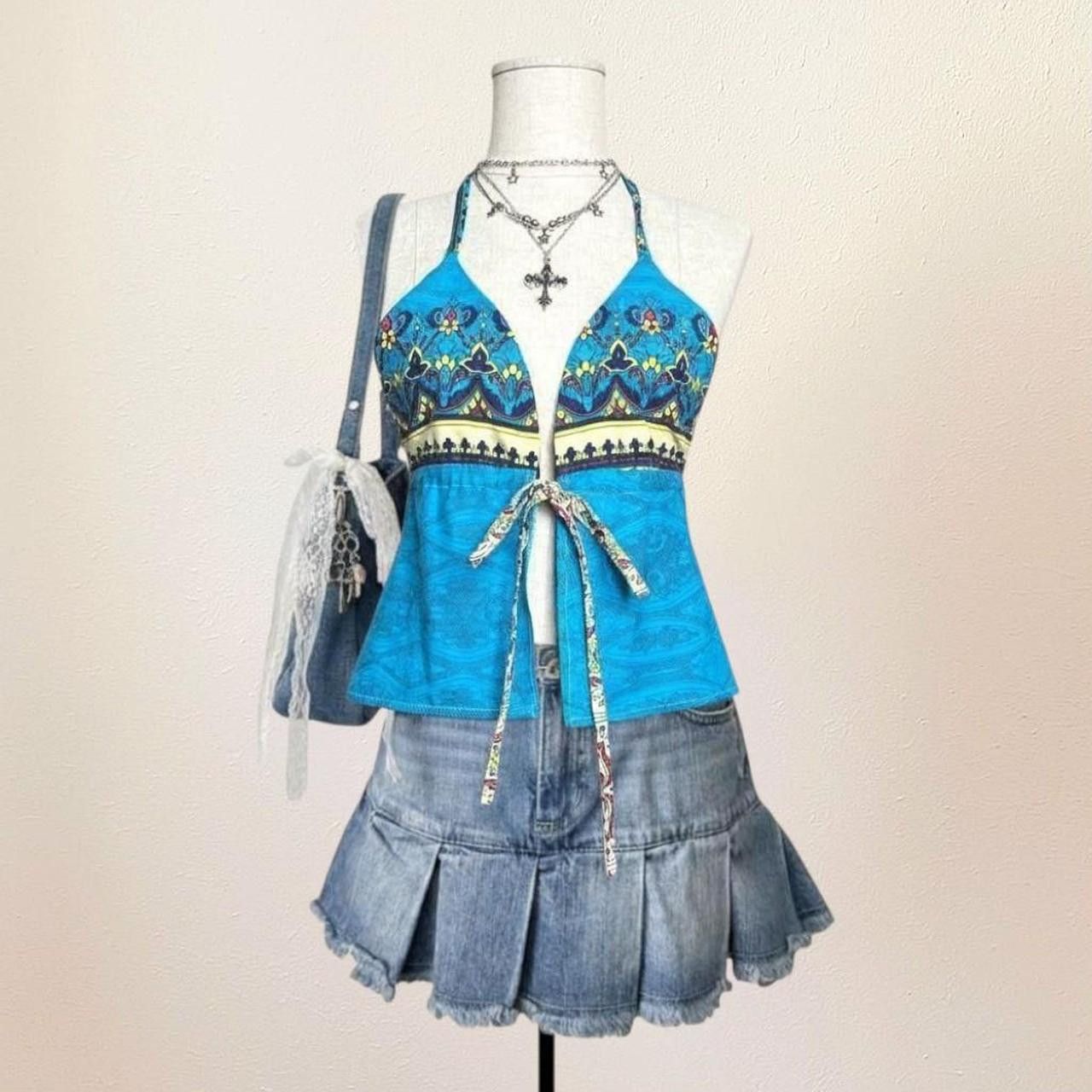 Handmade Blue Funky Halter top with ties, handmade, coquette, y2k Size S / US 4 / IT 40 - 1 Thumbnail