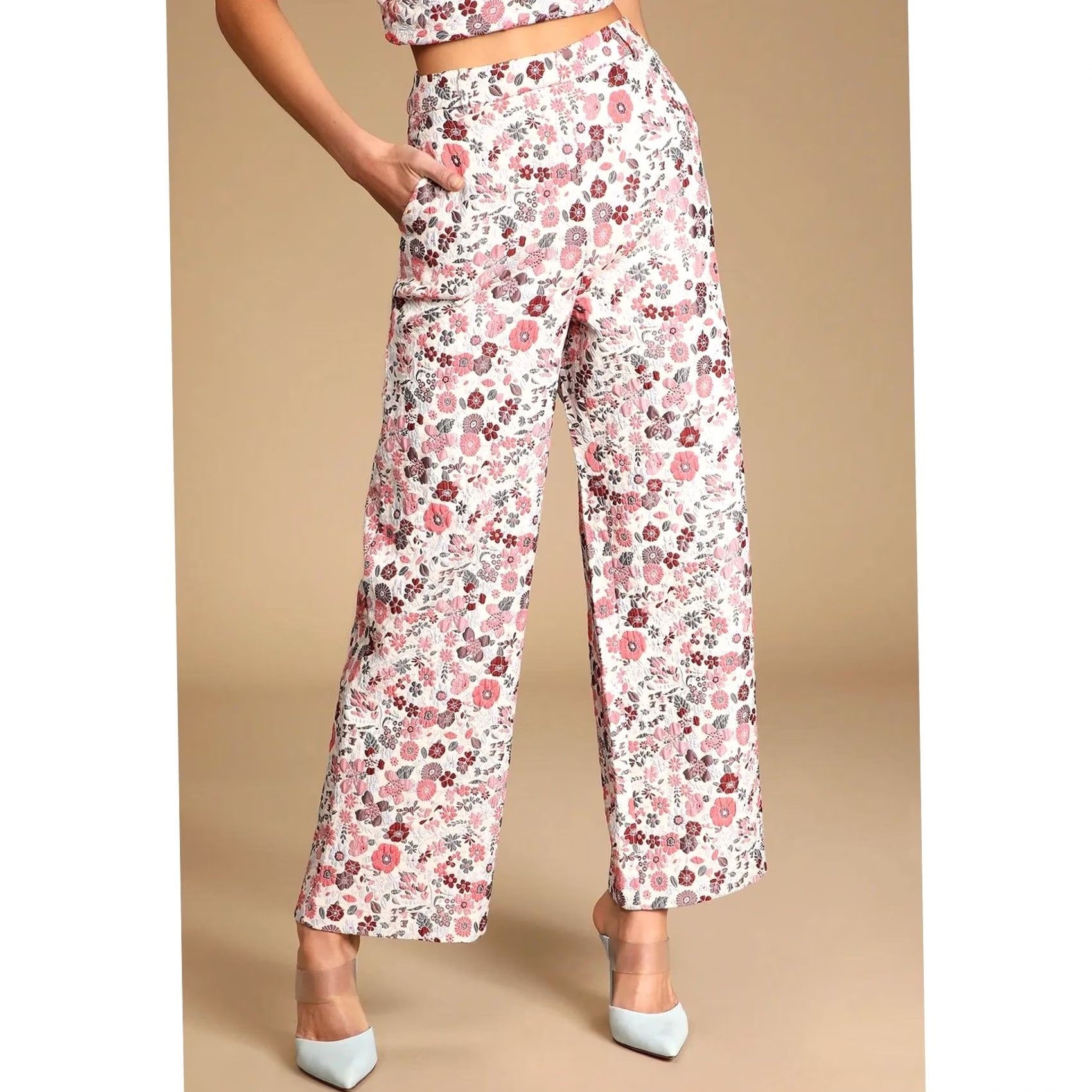 Lulus Lulus Women's Bloom into Spring Blush Floral Jacquard Wide-Leg Pants XL Red Floral Wide-Leg Pants Women XL Size 40" / US 18 - 3 Thumbnail