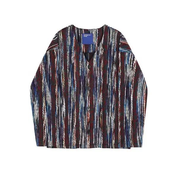 VIBE Burgundy Blue Raw Stripped Pattern Knit Cardigan Sweater Size US M / EU 48-50 / 2 - 5 Thumbnail