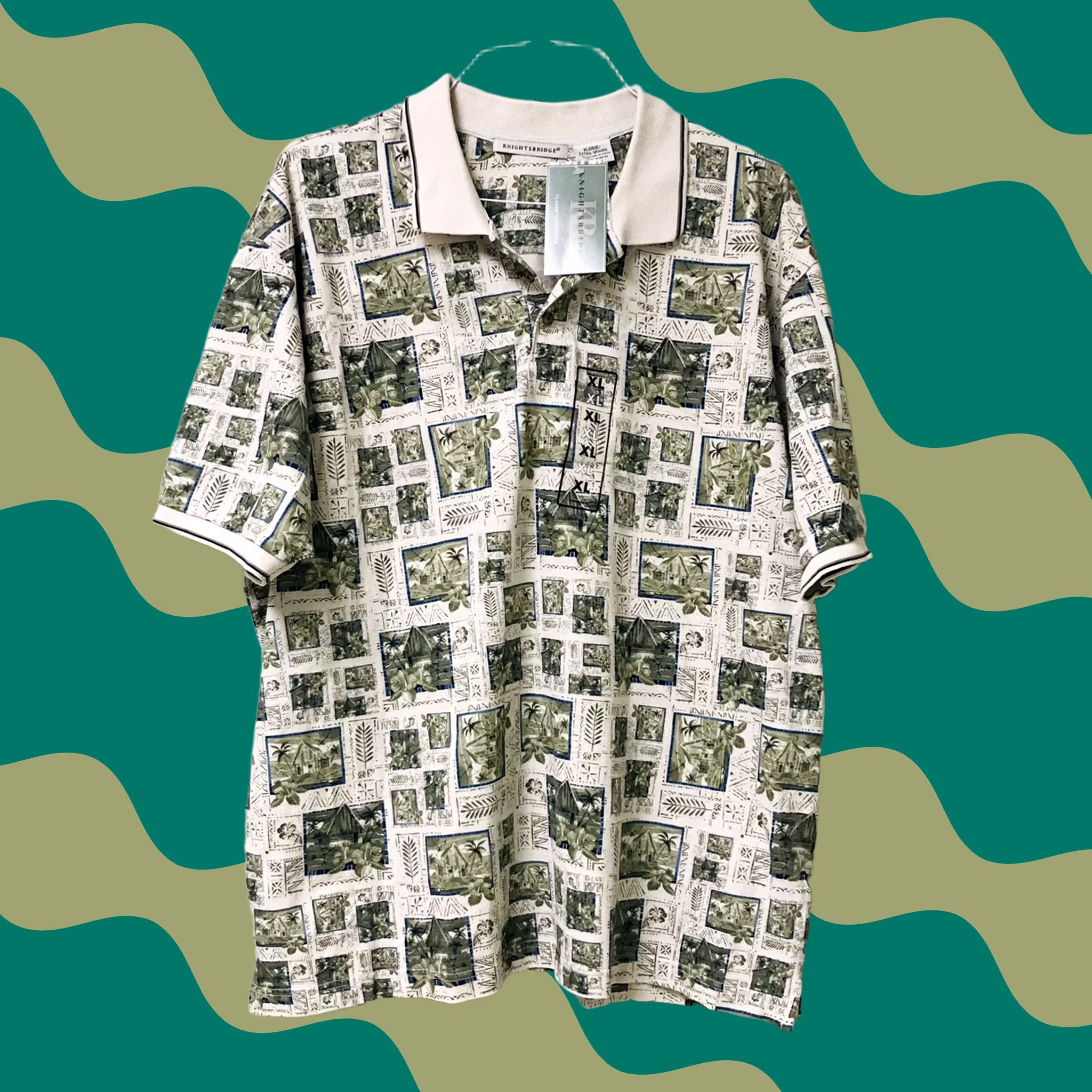 Vintage Knightsbridge Men Polo Shirt XL Tropical Island All Over Print Short Sleeve Green 100% Cotton Casual Golf Tennis Rugby Fishing Beach Size US XL / EU 56 / 4 - 1 Thumbnail