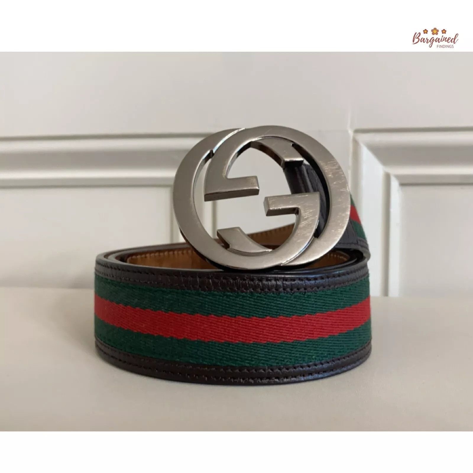 Gucci Gucci Web Canvas Leather Silver Interlocking G Buckle Belt Size 30 - 1 Thumbnail