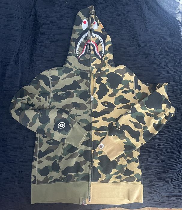 Bape 1ST CAMO HALF SPLIT SHARK FULL ZIP HOODIE | Grailed