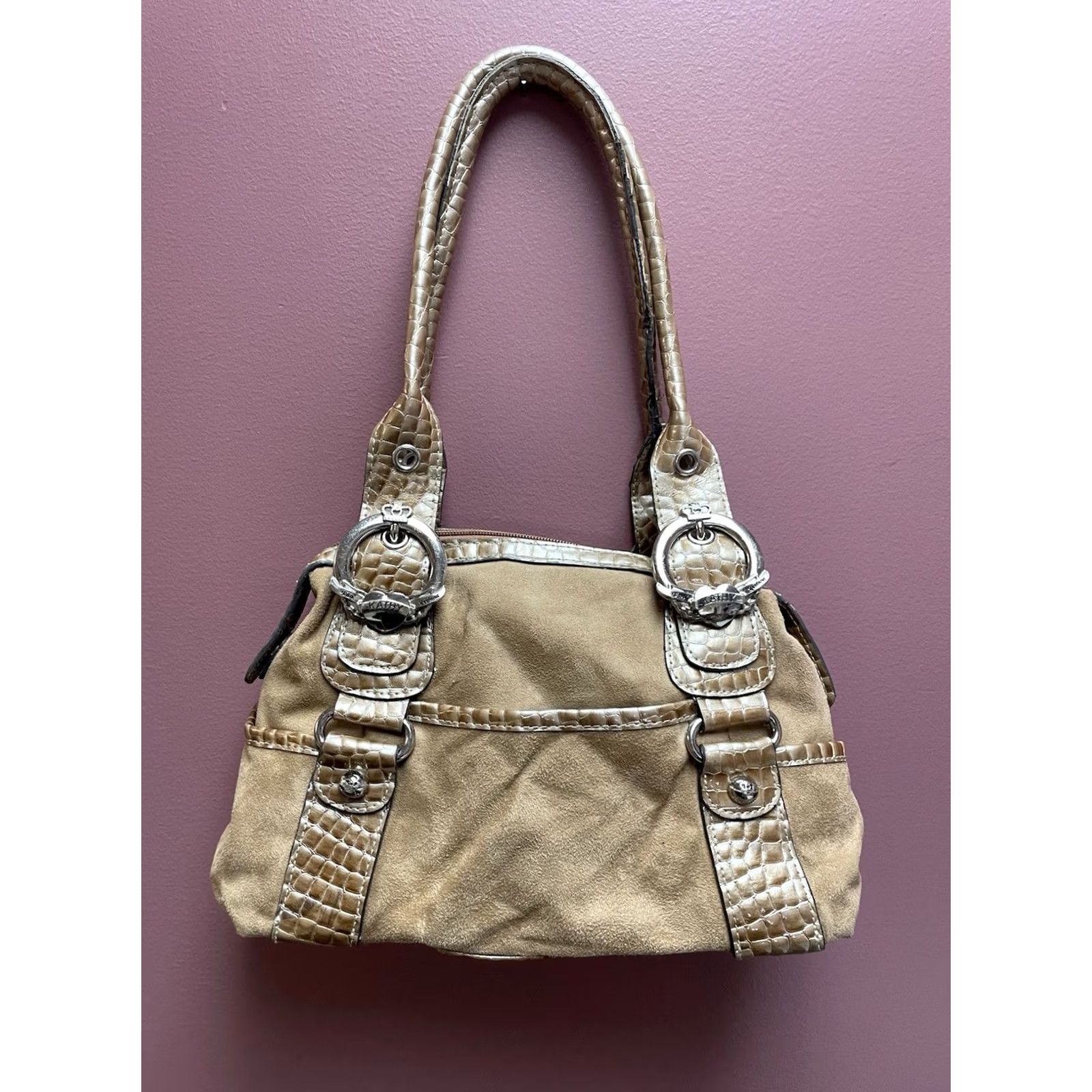 Vintage Kathy Van Zeeland Beige Faux Suede Croc Embossed Satchel Handbag Y2K Buckle Purse Shoulder Bag Size ONE SIZE - 2 Thumbnail