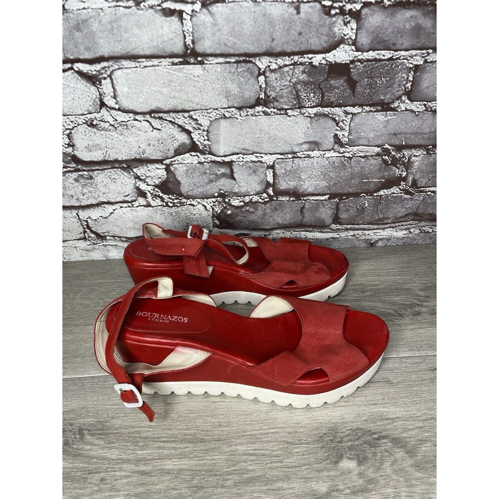 Other Bournazos Athens Red Suede Leather Ankle Strap Wedge Sandals Size US 8.5 / IT 38.5 - 17 Thumbnail