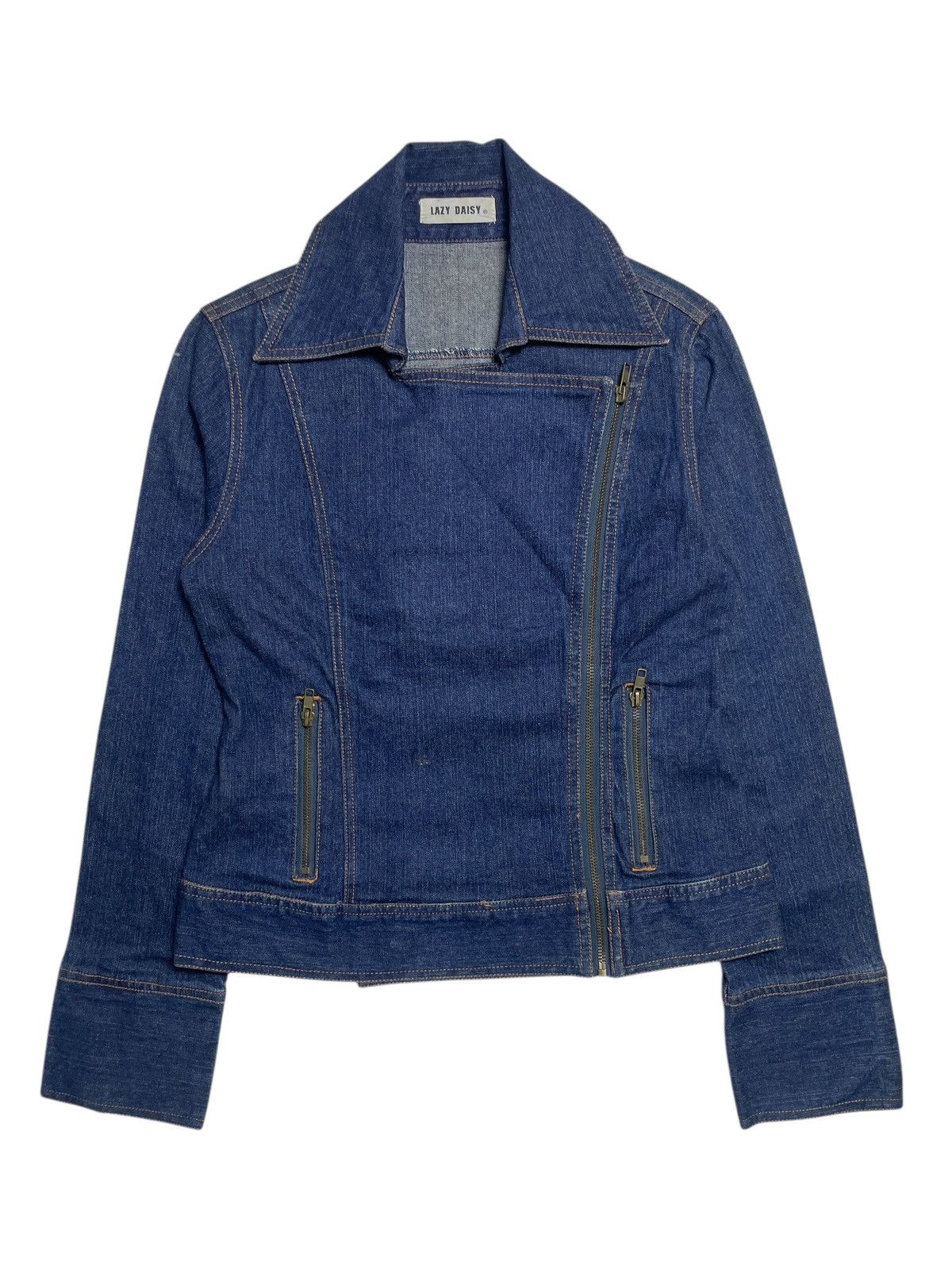 Angel Blue 2000’s Lazy Daisy - Asymmetrical Bikers Crop Denim Jacket Size M / US 6-8 / IT 42-44 - 2 Thumbnail