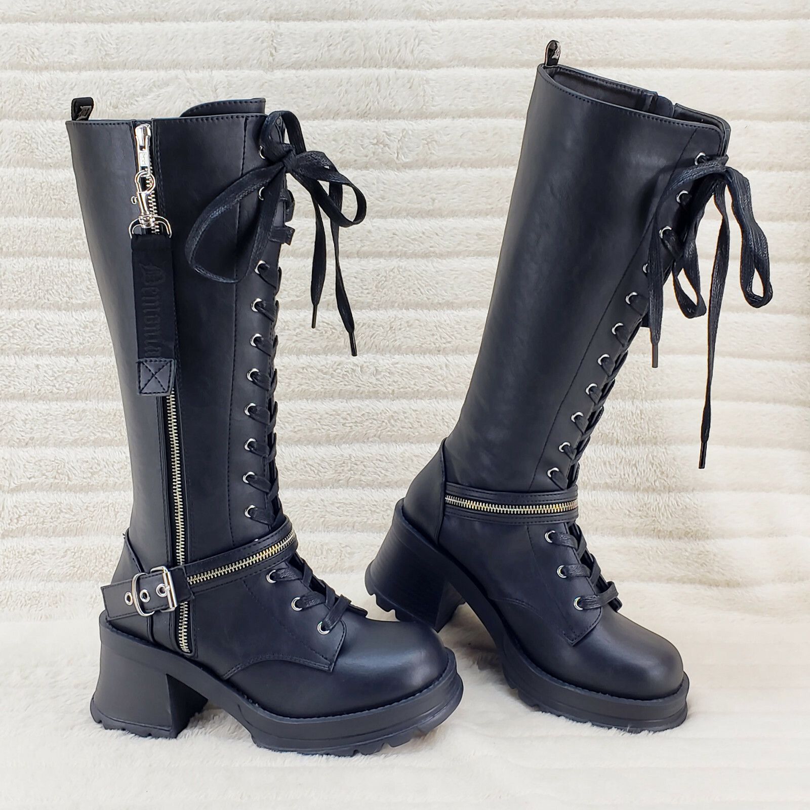 Demonia Cult DEMONIA Bratty 206 Zipper Strap Biker Goth Punk Lace Up Knee Size US 7 / IT 37 - 1 Thumbnail