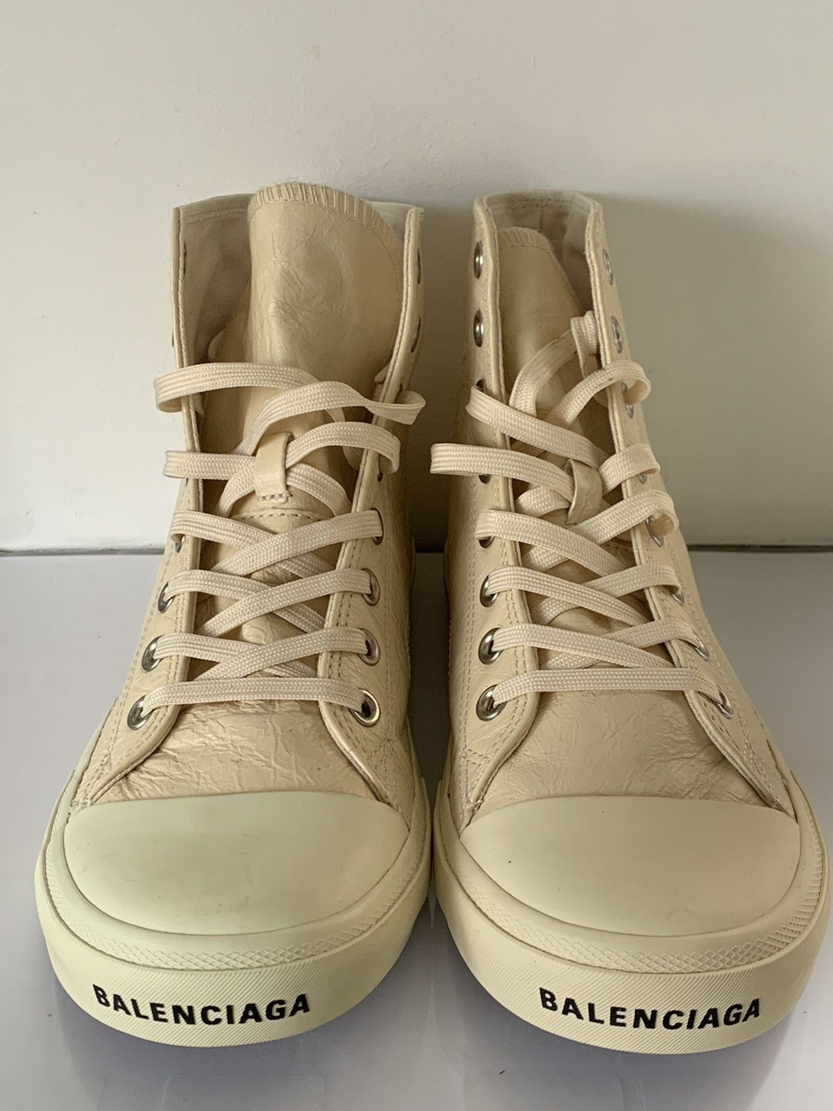 Balenciaga Signature Cream Leather Hi-Top Sneakers (New)