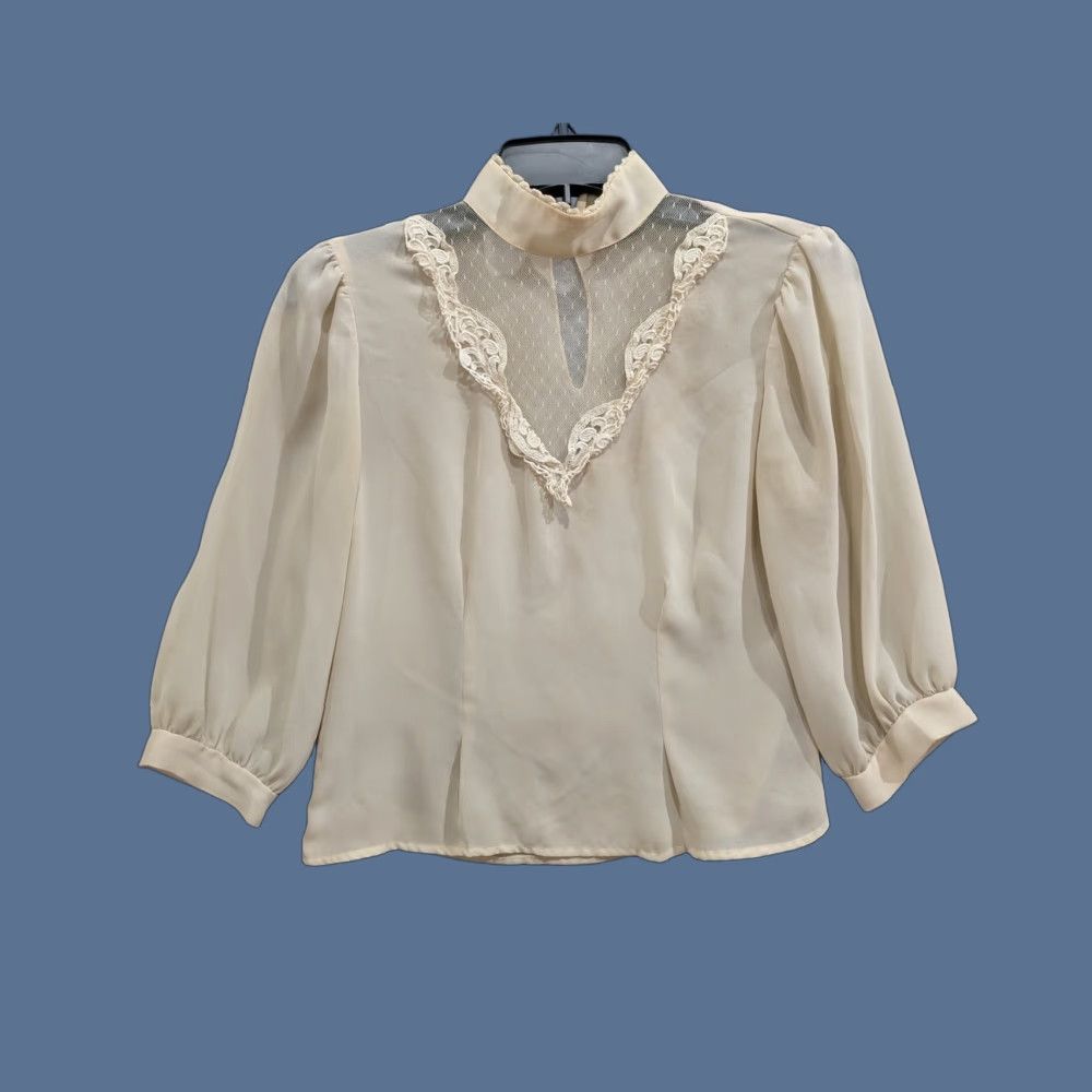 Vintage Stoplight California Blouse Womens Medium Chiffon Mock Neck 3/4 Sleeve Beige Size M / US 6-8 / IT 42-44 - 1 Thumbnail
