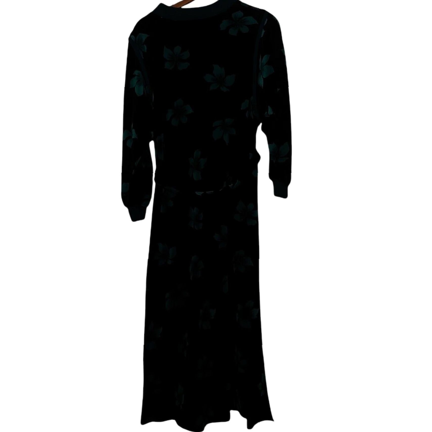 Velour VINTAGE Robe Women Long Velour Black Teal Floral Button Belt Hawaiian Plumeria Size ONE SIZE - 3 Thumbnail