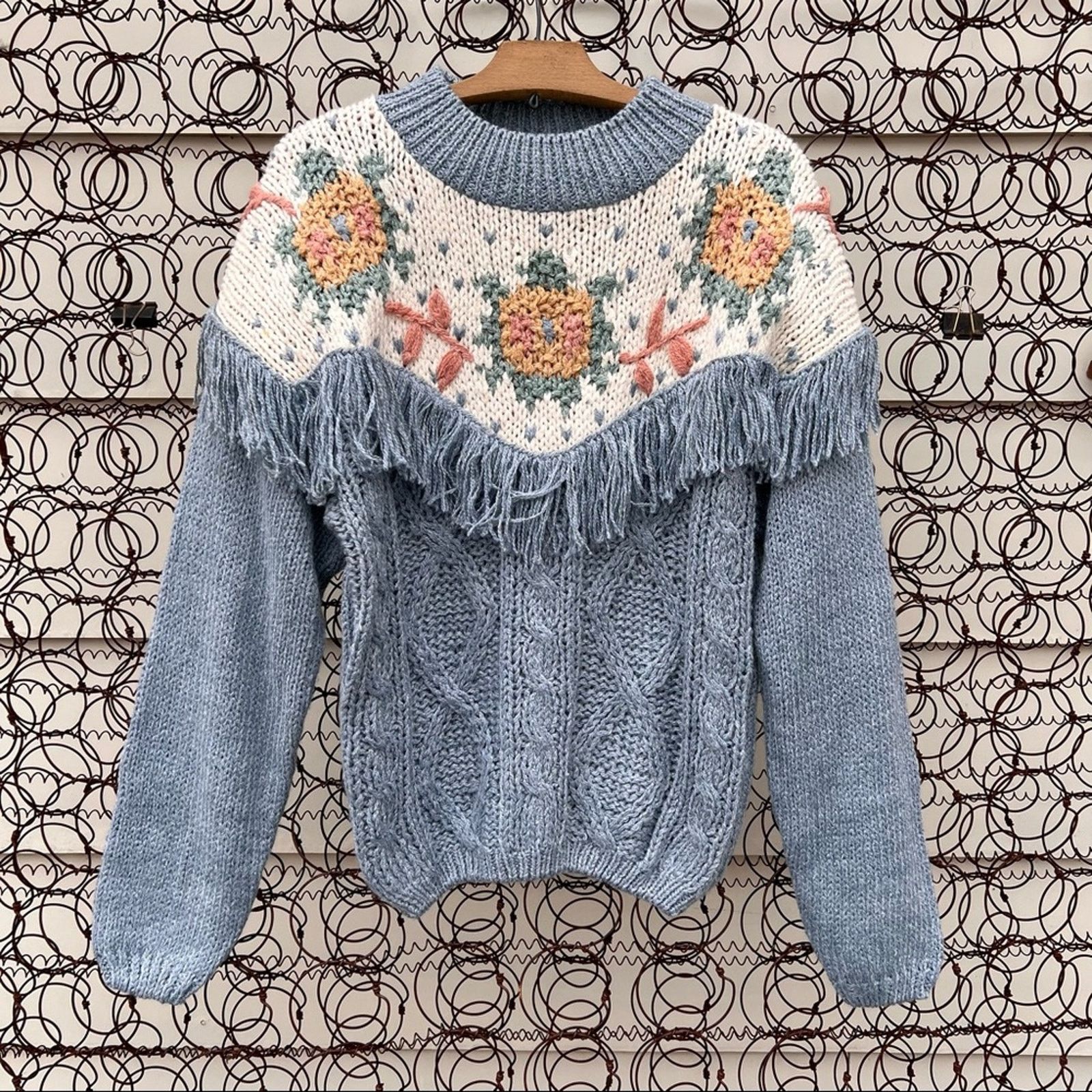 VTG 90s Ivy Club Classics pastel knit fringe floral sweater