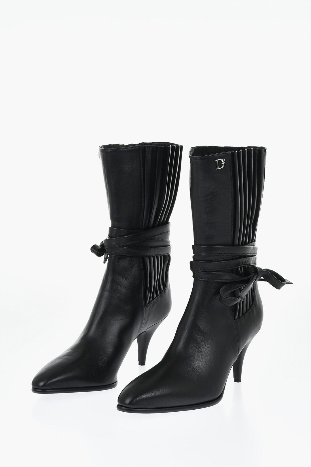 Leather Ankle Boots with Pleated Details Side Laces and 7cm Heel
