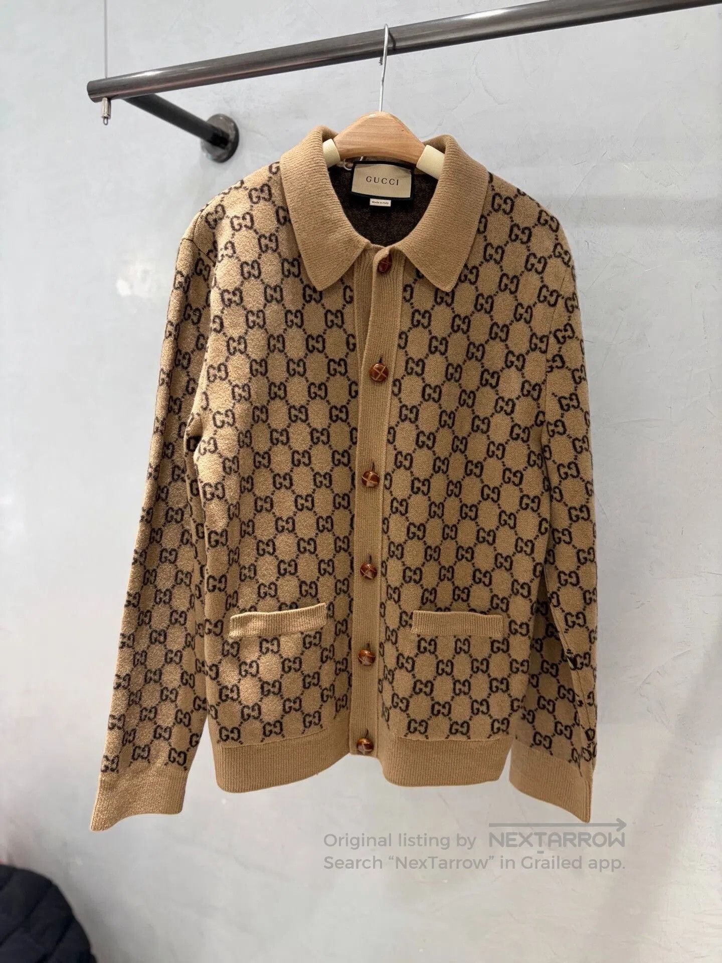 Gucci gucci khaki knitted cardigan with logo pattern. Size US L / EU 52-54 / 3 - 1 Thumbnail