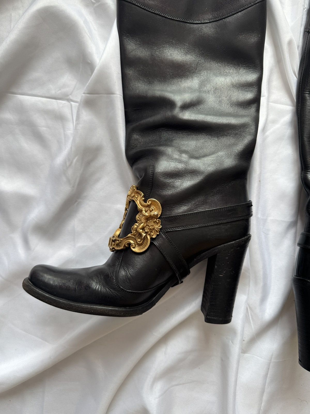 Dolce & Gabbana Dolce & Gabbana Black Leather Flower Embellished Knee Boots Size US 6 / IT 36 - 9 Thumbnail