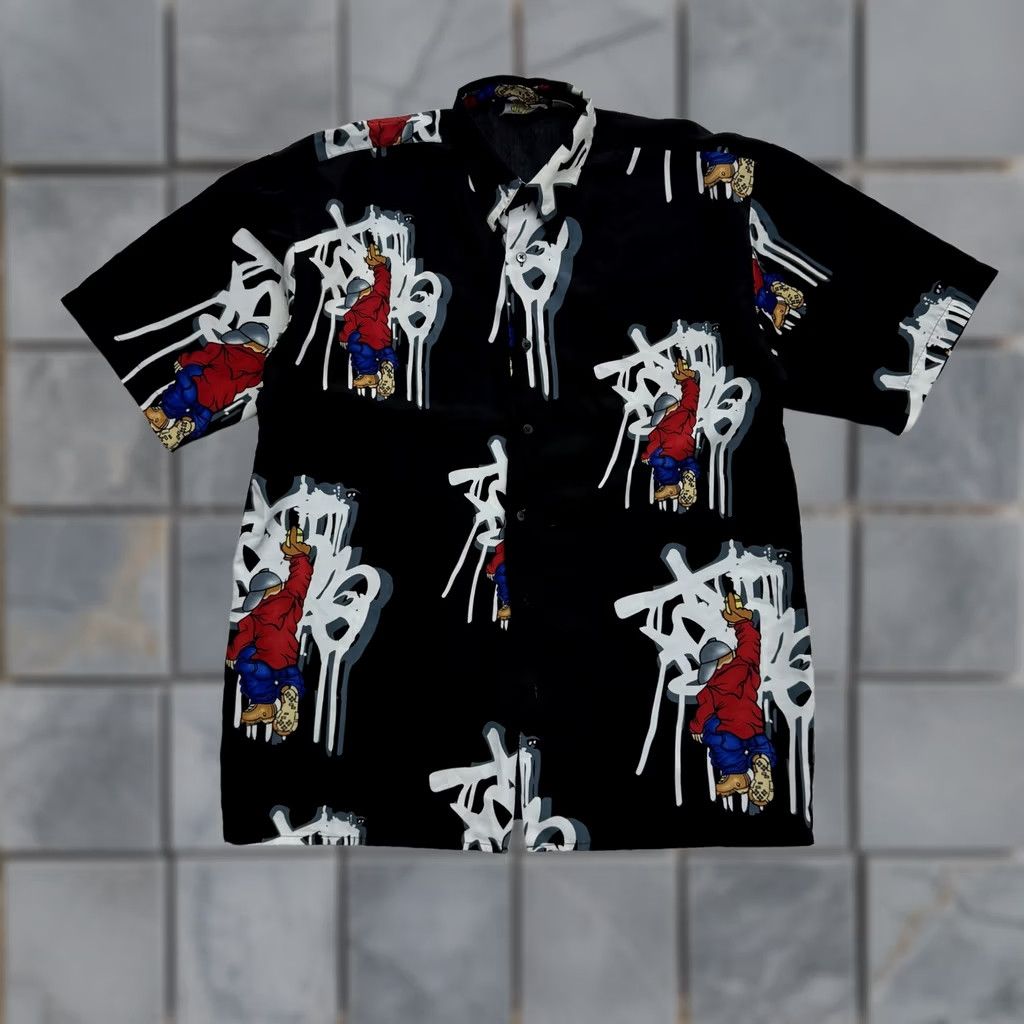 Vintage VINTAGE Up Rok Shirt Mens Large Black Graffiti Graphic Hip Hop Button Up Streetwear Size US L / EU 52-54 / 3 - 1 Thumbnail