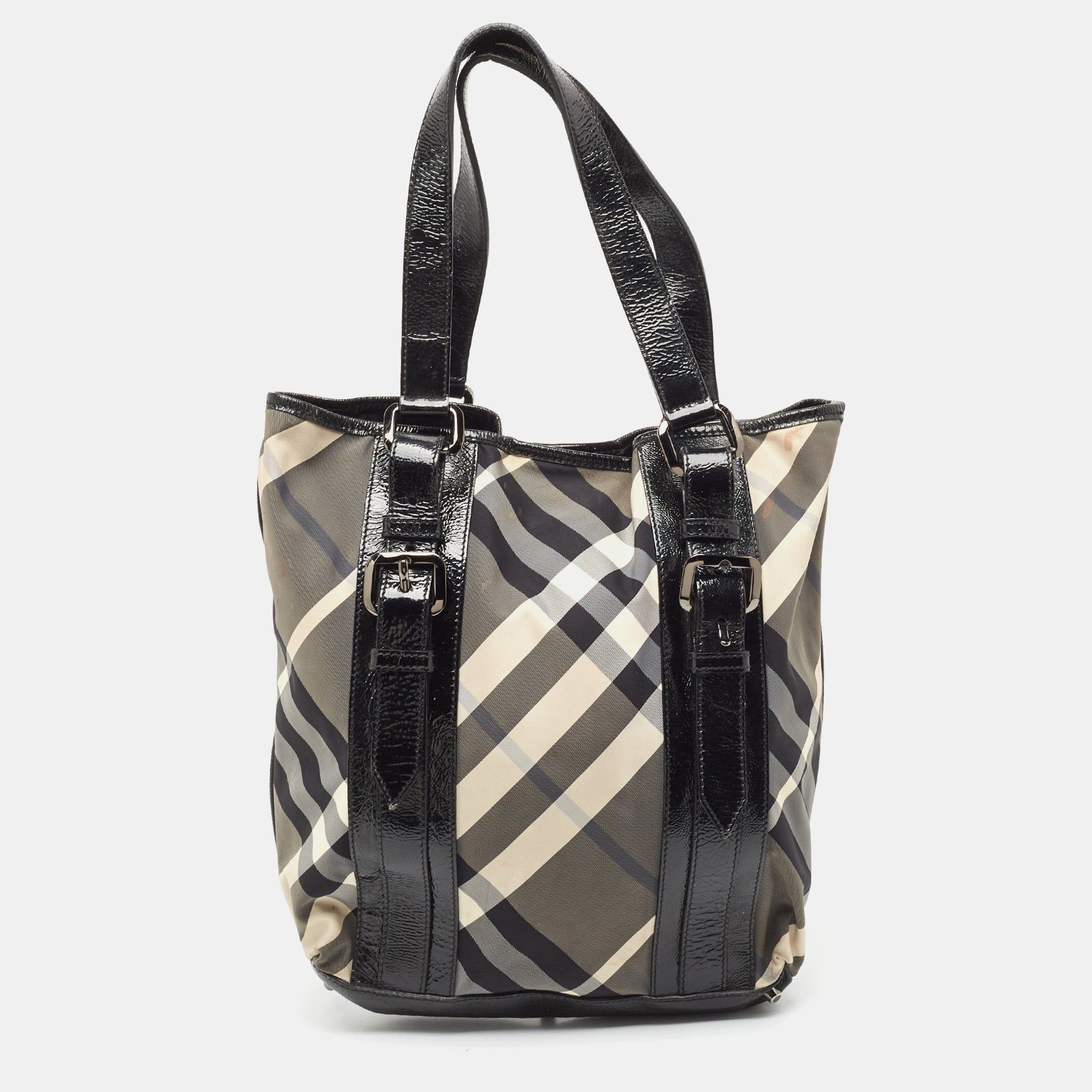 image of Burberry Black Beat Check Nylon And Patent Leather Victoria Tote, Women's