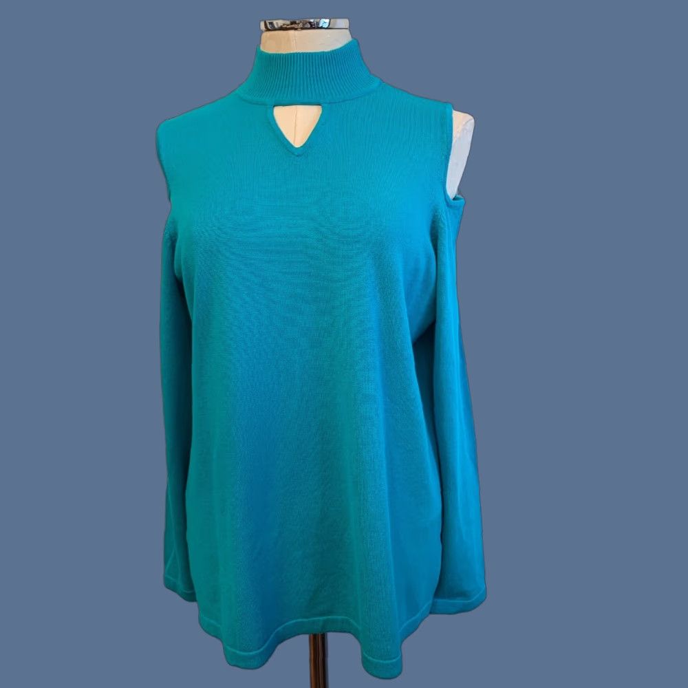 Vintage Susan Graver Women's Teal Cold Shoulder Sweater Mock Turtleneck Keyhole Medium N Size M / US 6-8 / IT 42-44 - 1 Thumbnail