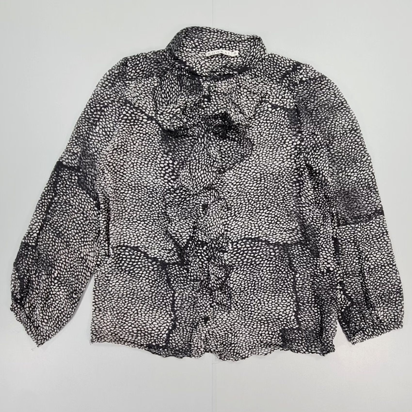 Vintage Kookai Blouse Black 40 Long Sleeve Sheer Ruffle Front Satin Polka Dot Casual Womens Blouse Size S / US 4 / IT 40 - 2 Thumbnail
